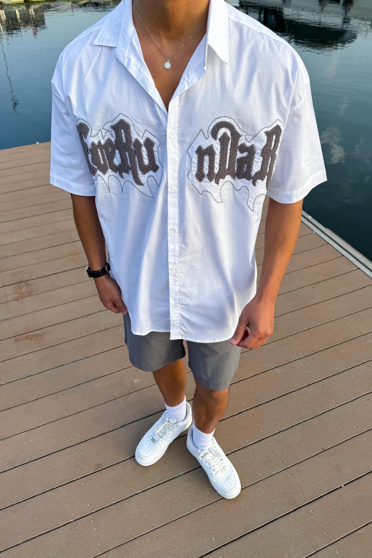 Nakışlı Cepli Bengalin Gömlek Beyaz