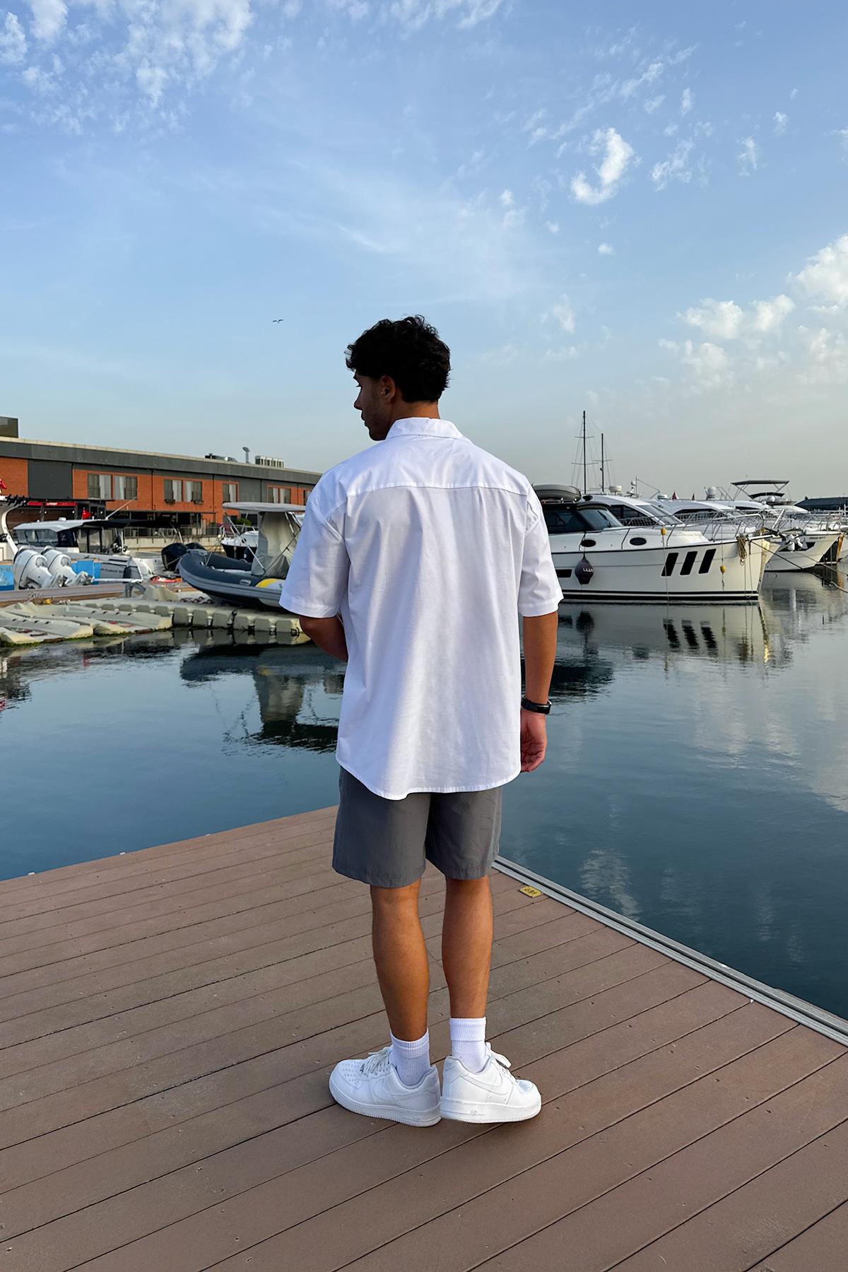 Nakışlı Cepli Bengalin Gömlek Beyaz