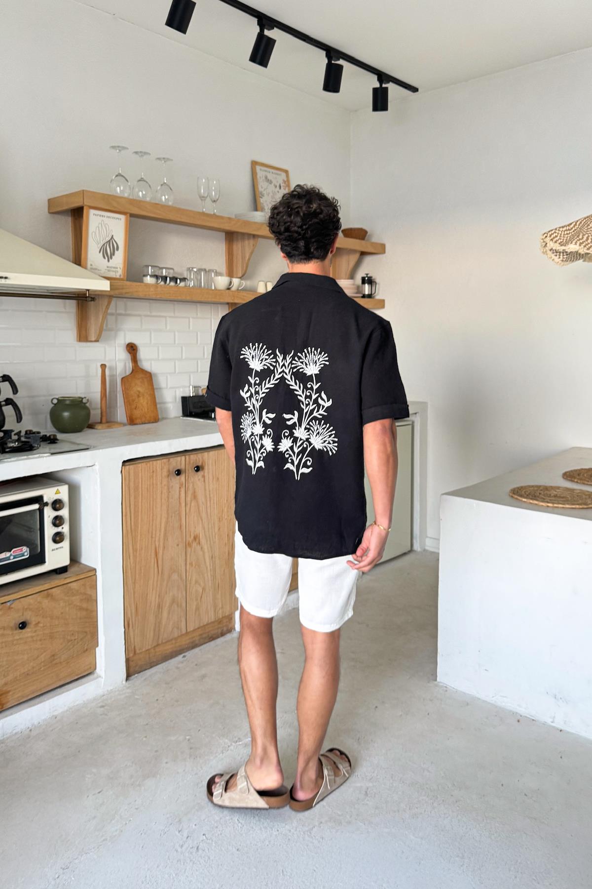 Nakışlı Oversize Kısa Kol Gömlek Siyah