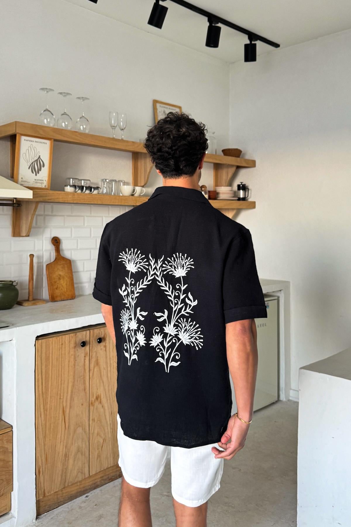 Nakışlı Oversize Kısa Kol Gömlek Siyah