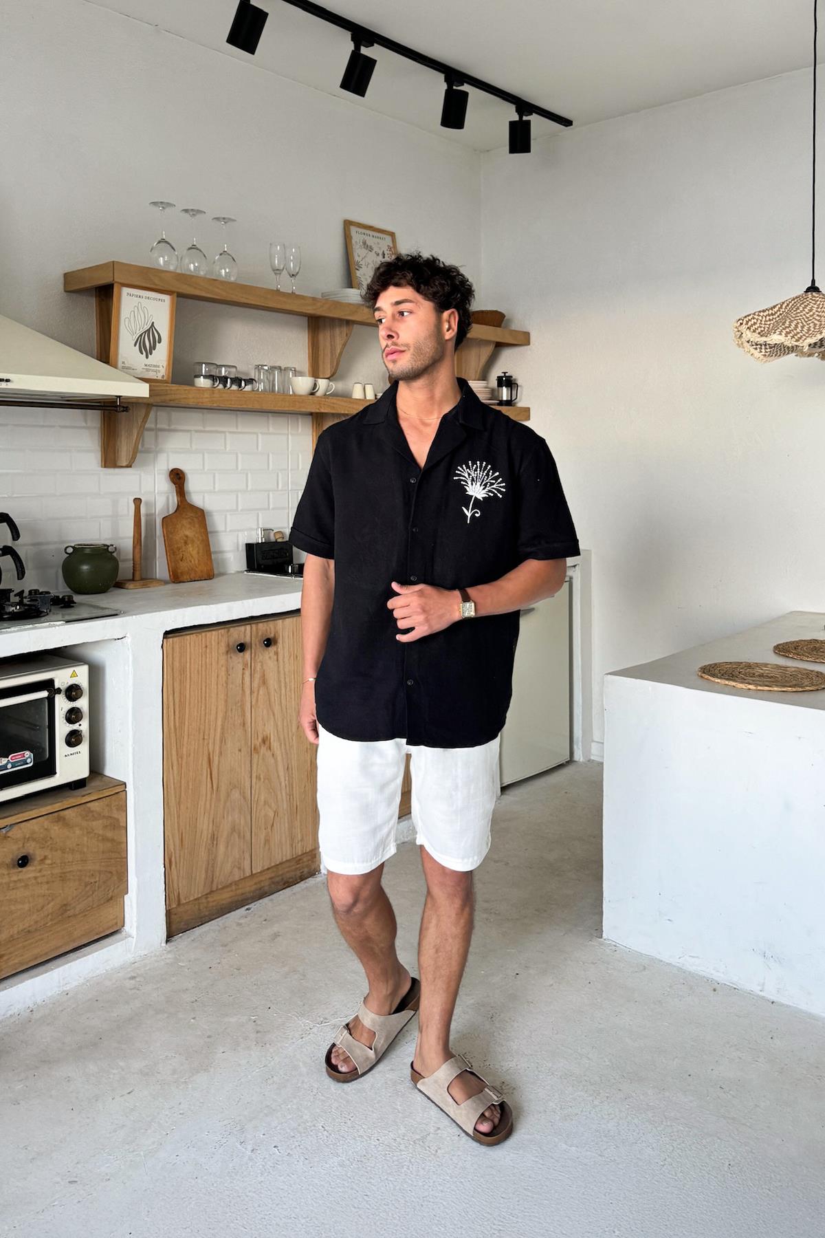 Nakışlı Oversize Kısa Kol Gömlek Siyah