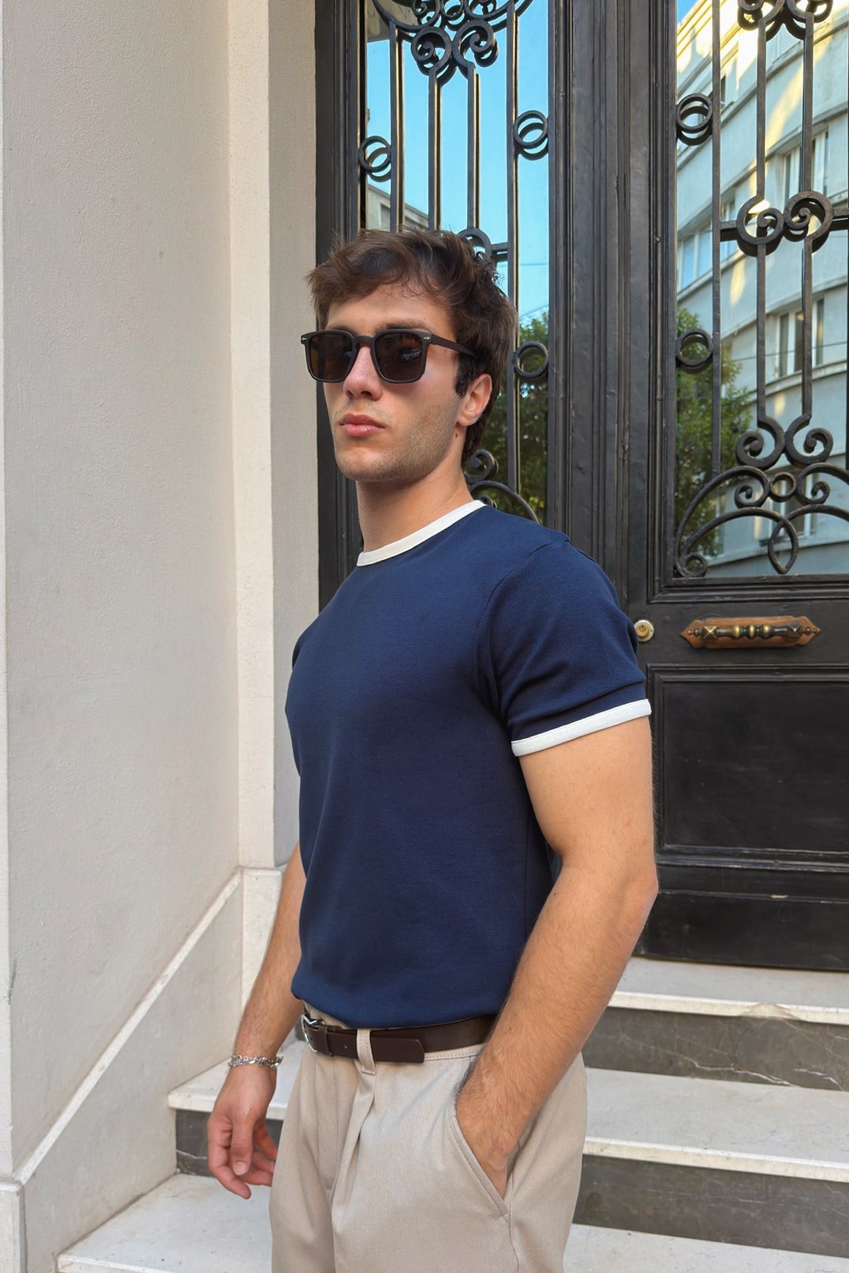 Navy Blue Ecru Ringer Tee