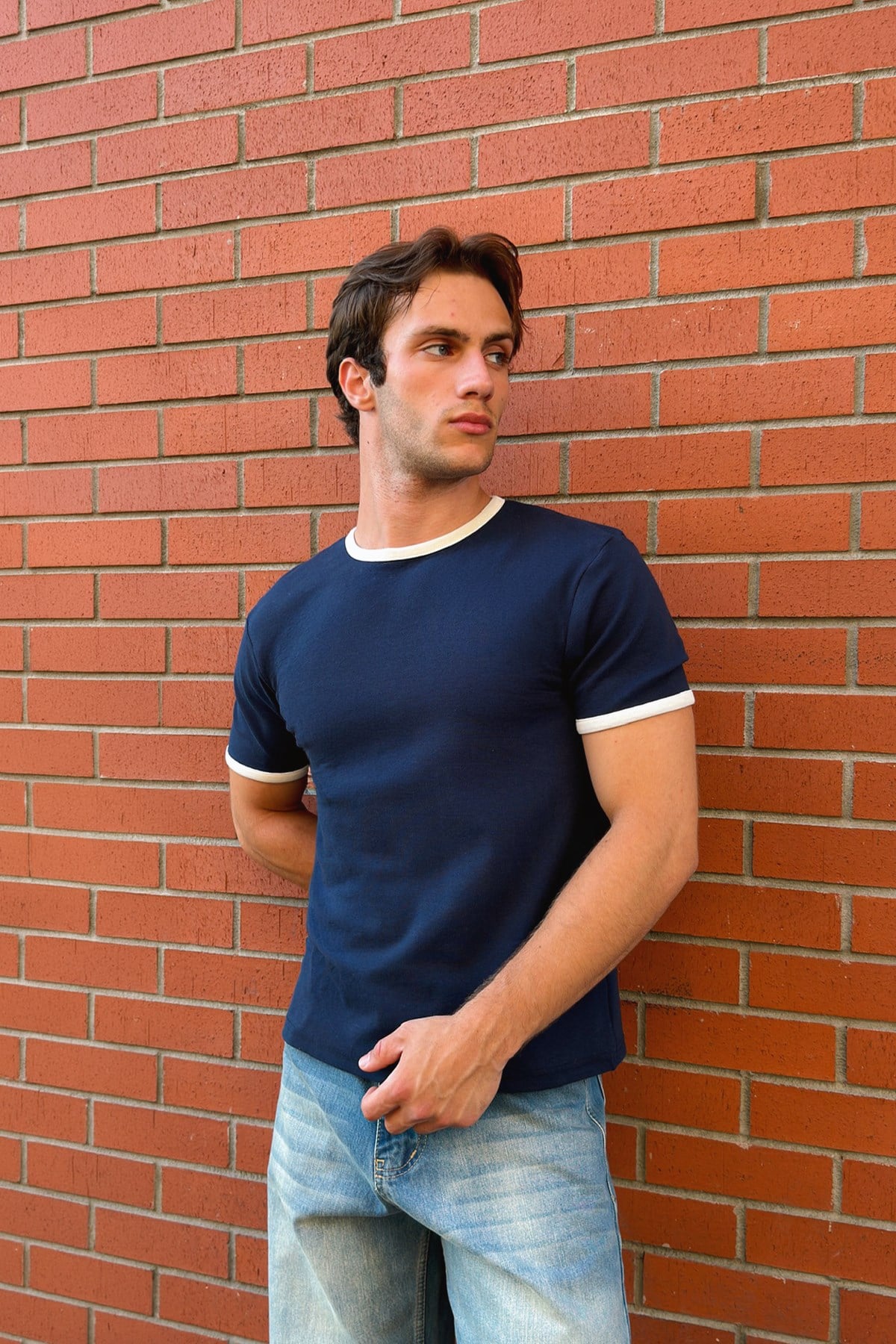 Navy Blue Ecru Ringer Tee