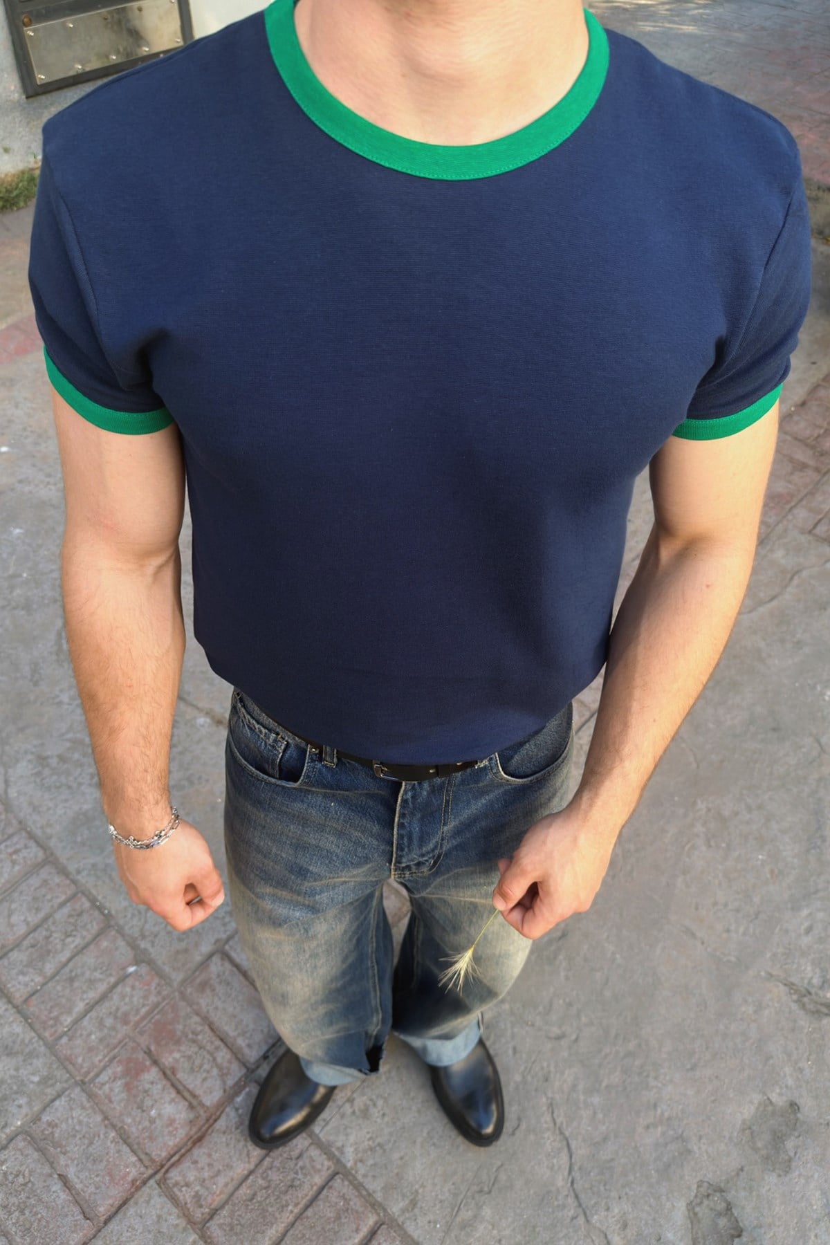 Navy Blue Green Ringer Tee