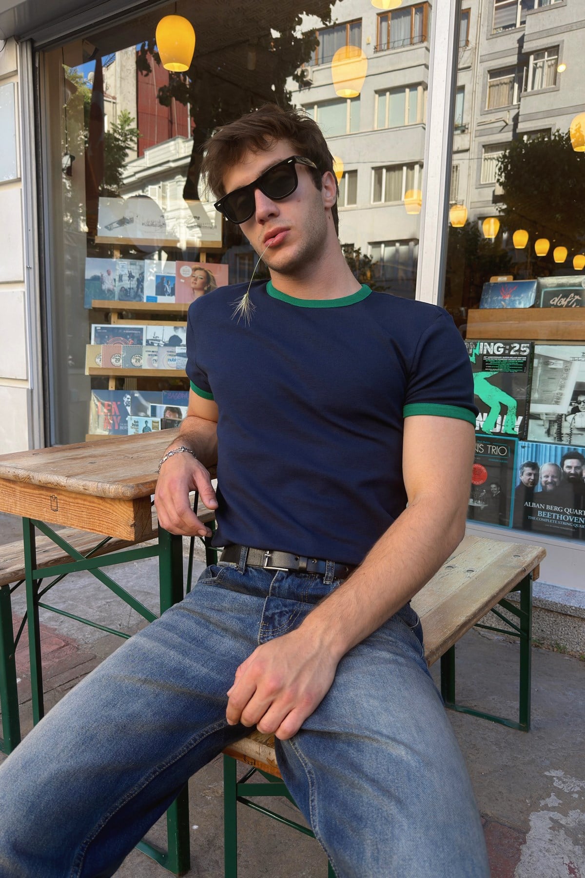 Navy Blue Green Ringer Tee