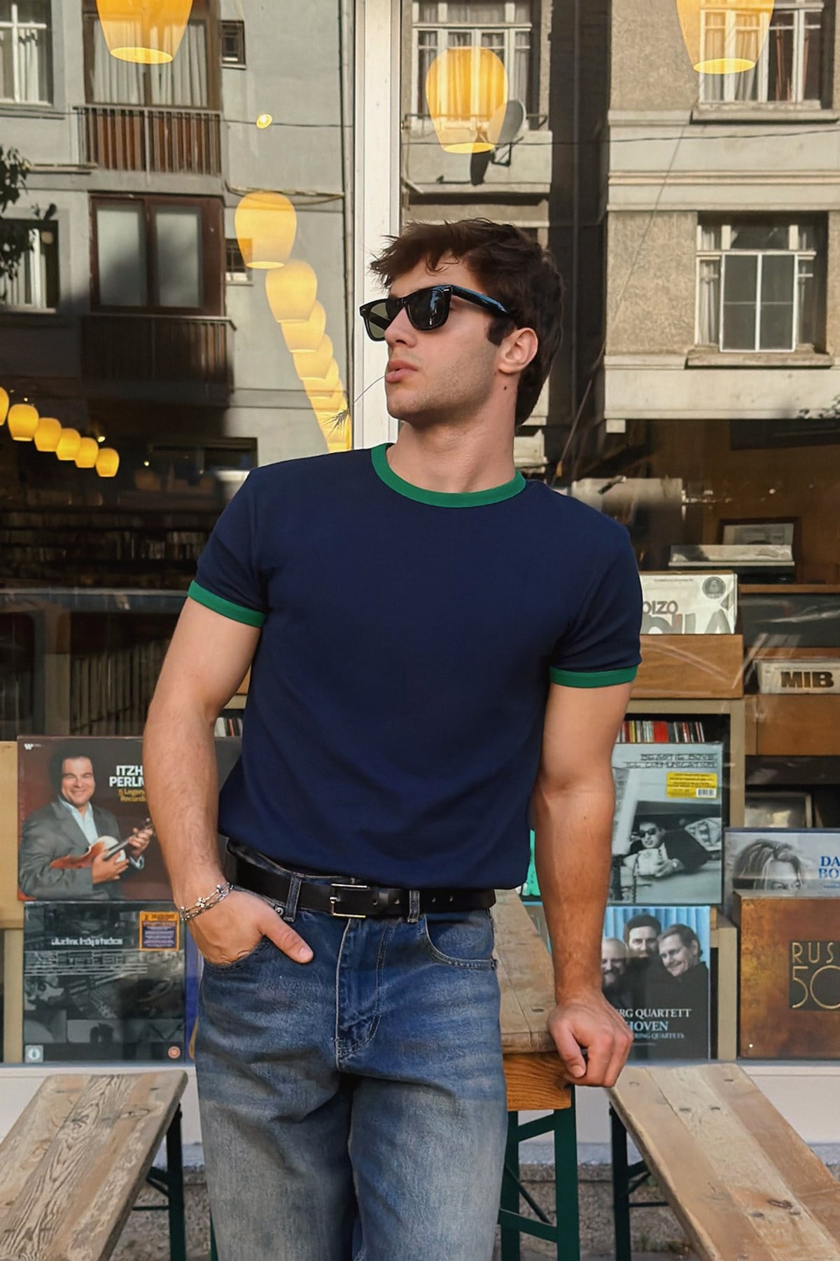 Navy Blue Green Ringer Tee