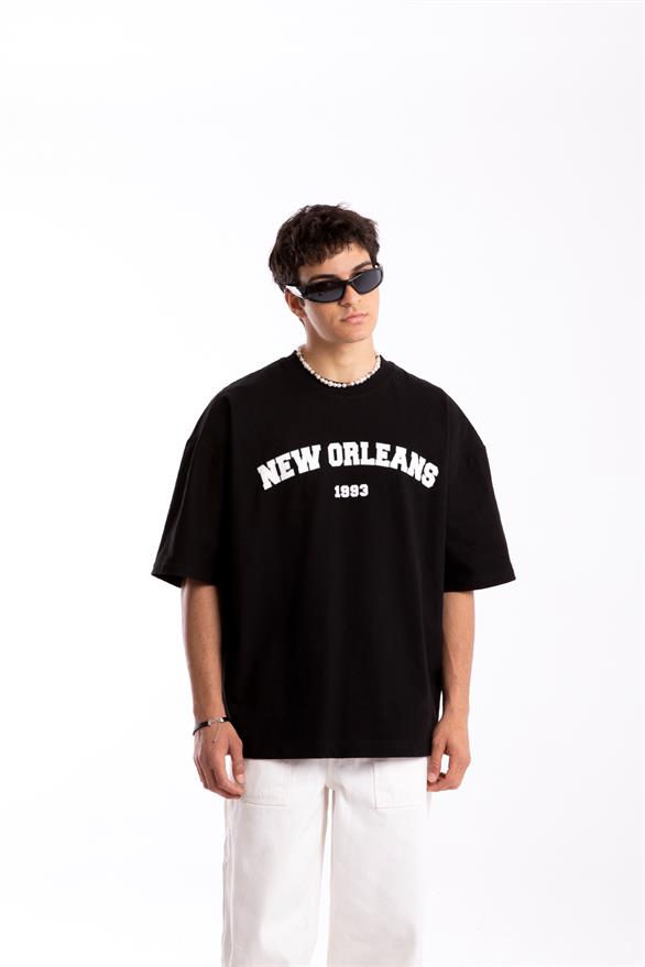 New Orleans Baskılı Siyah Oversize Tshirt