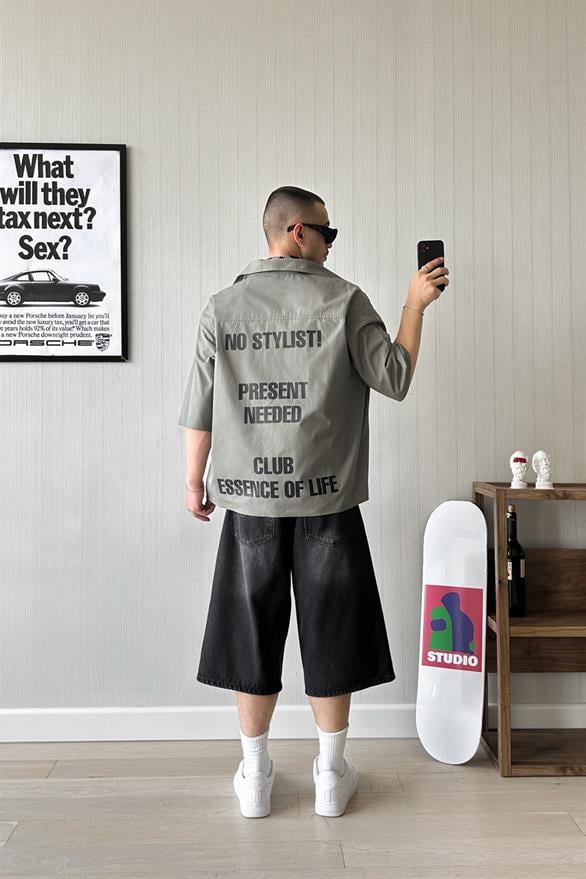 No Sytlist! Kısa Kol Haki Oversize Gömlek