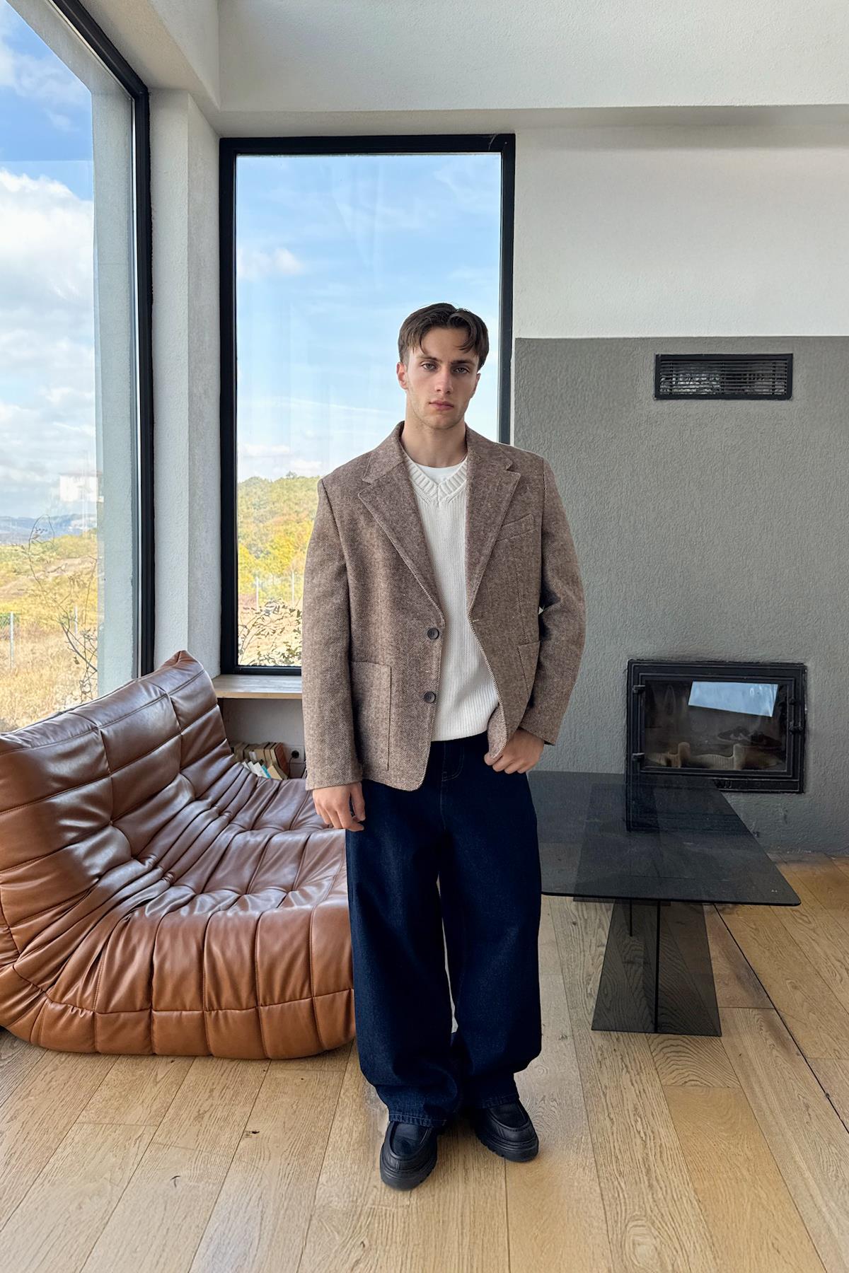 Ön Cep Detay Düğmeli Kışlık Ceket Kahverengi