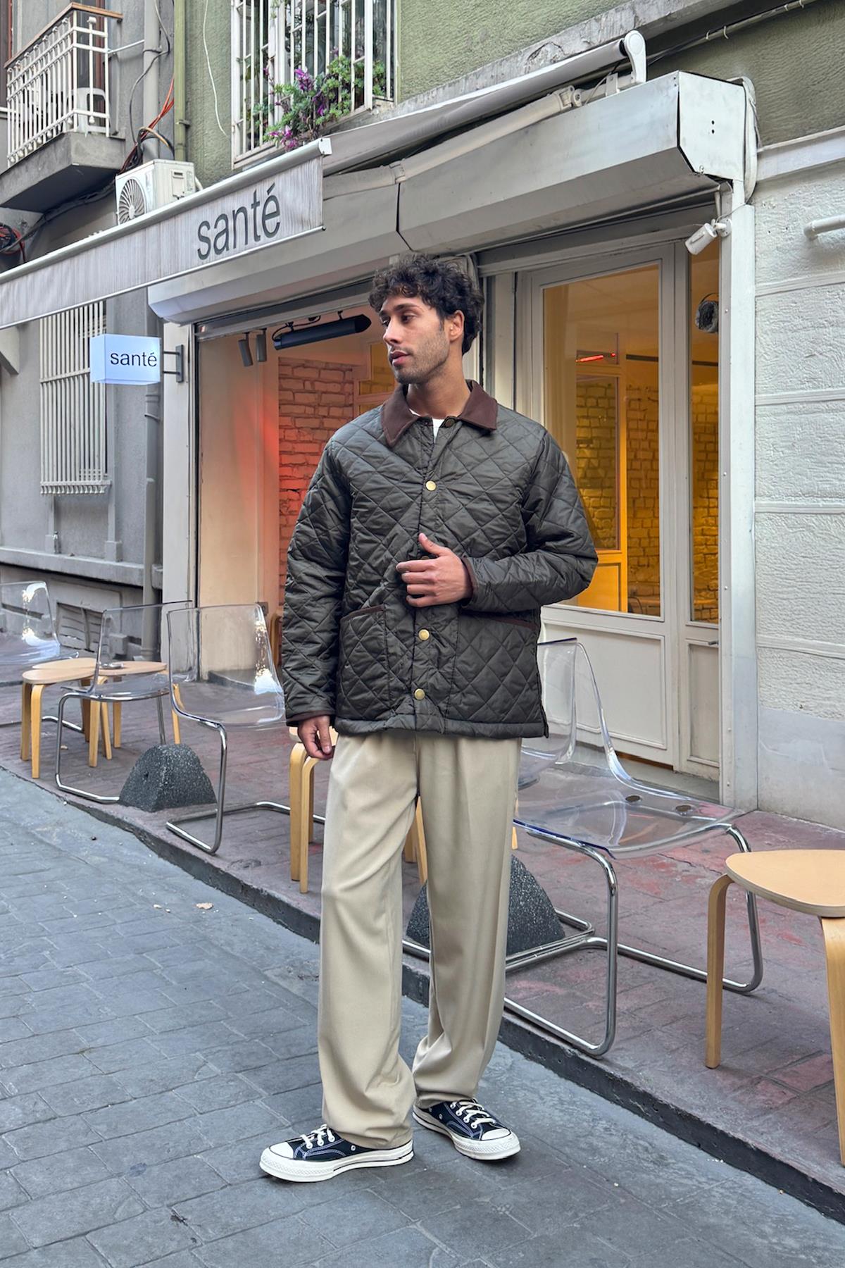 Ön Cep Detay Kapitone Ceket Haki