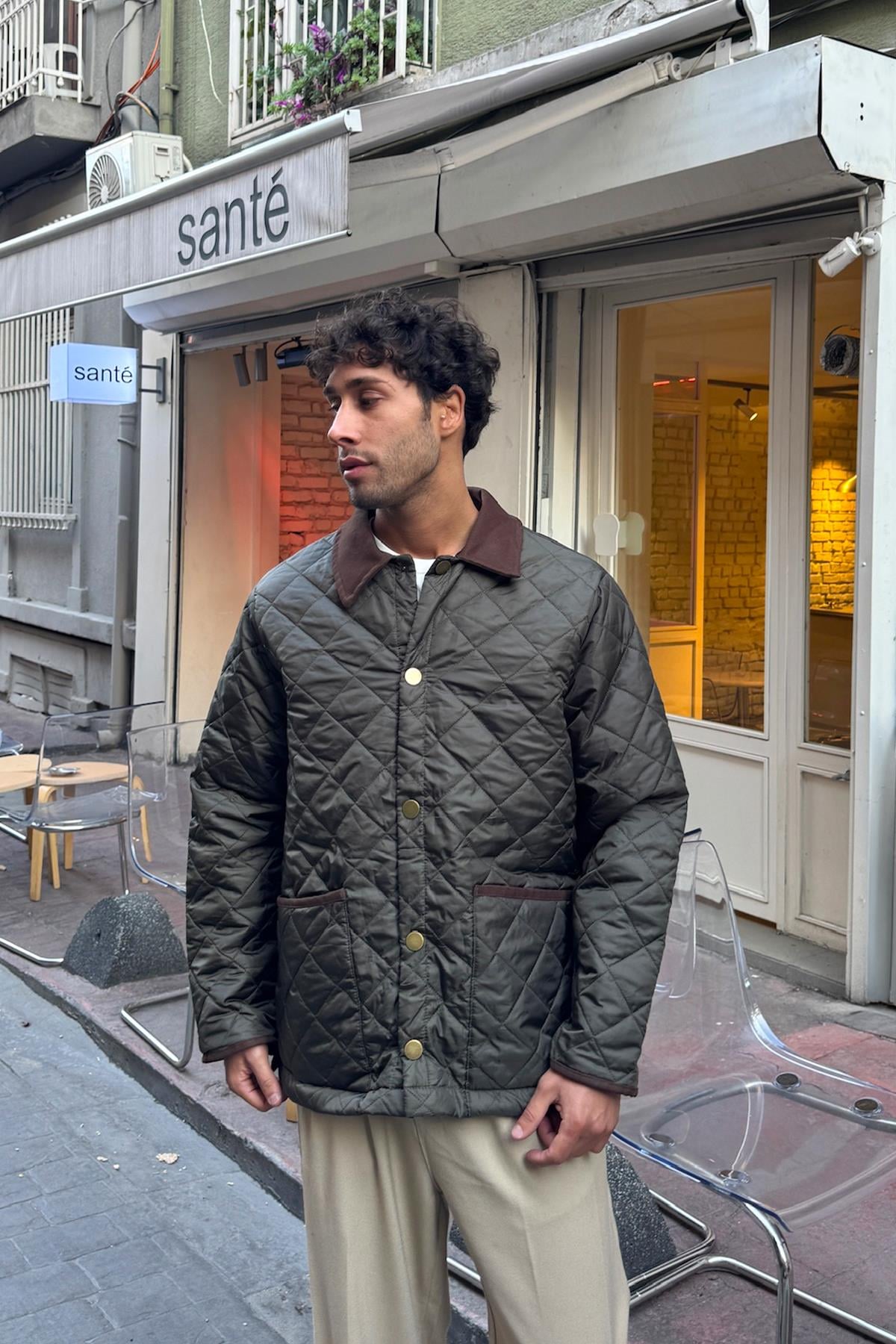 Ön Cep Detay Kapitone Ceket Haki