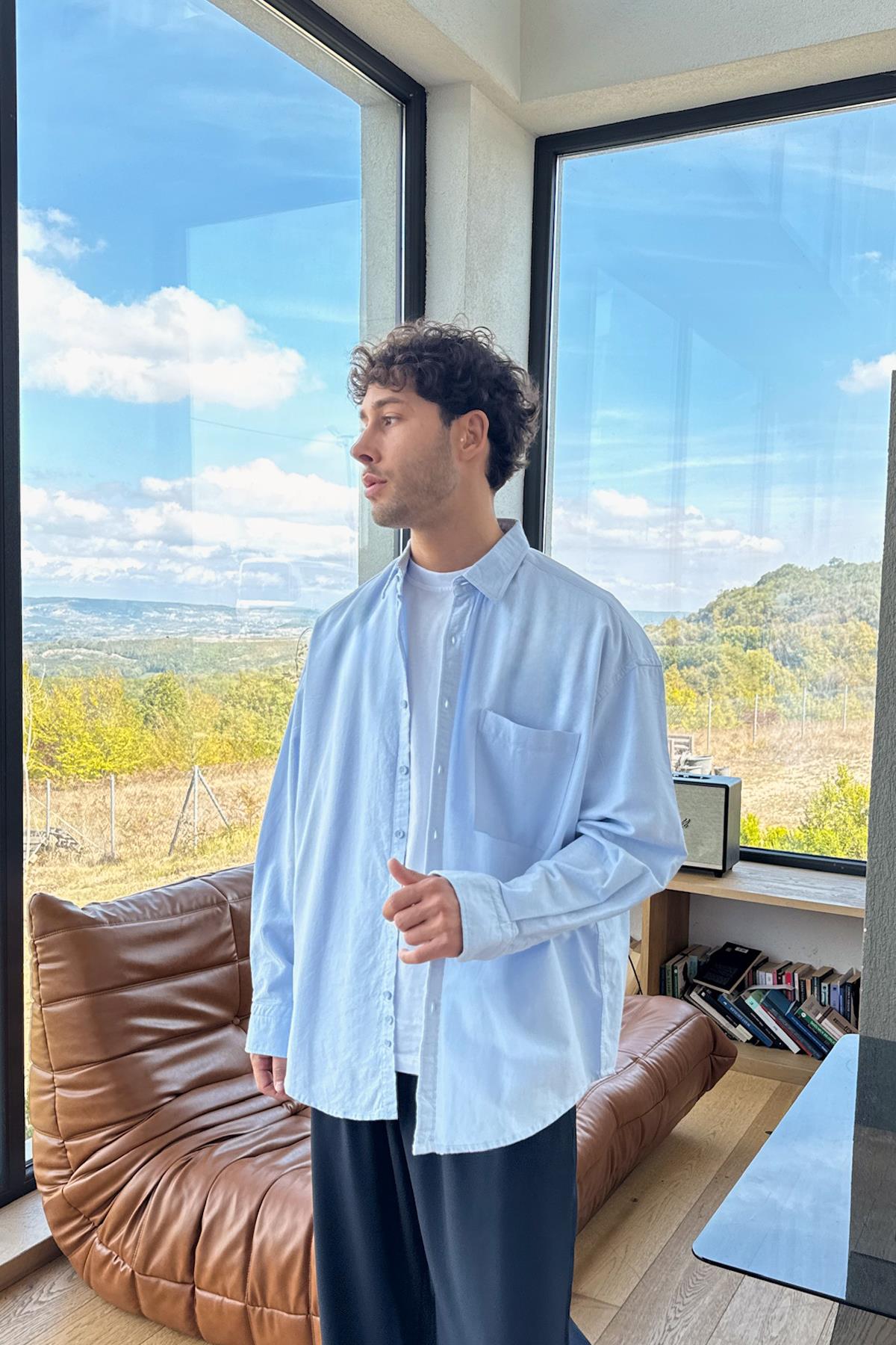 Ön Cep Detay Oversize Gömlek Mavi