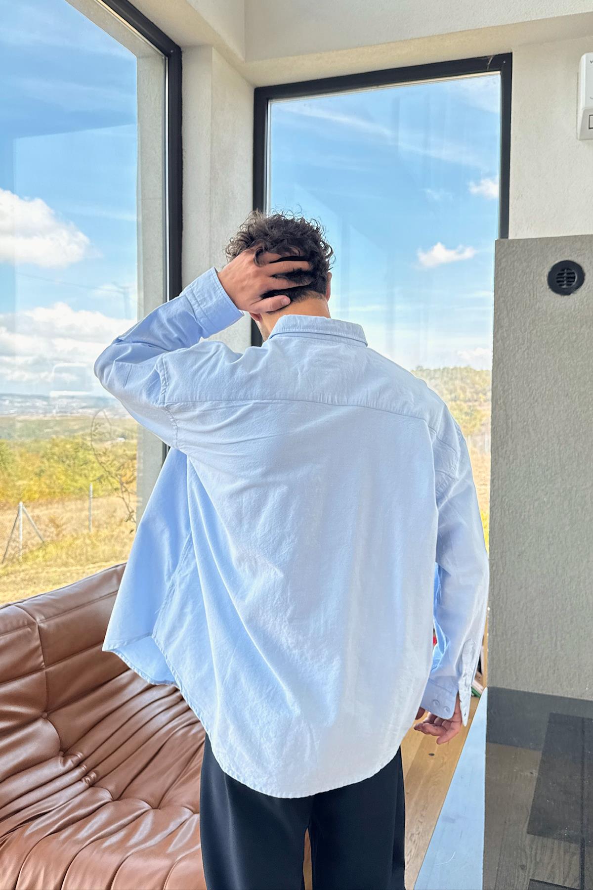 Ön Cep Detay Oversize Gömlek Mavi