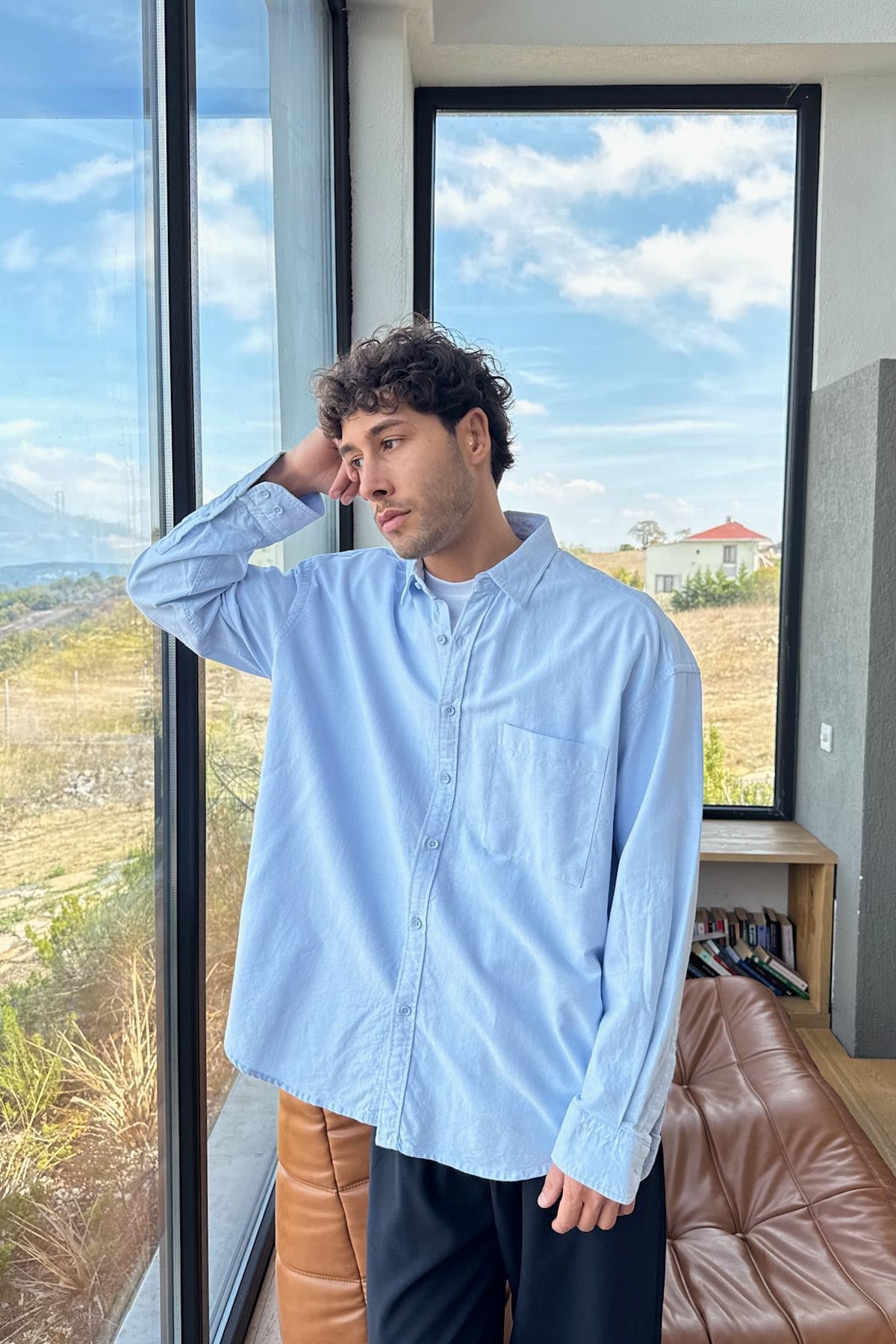 Ön Cep Detay Oversize Gömlek Mavi