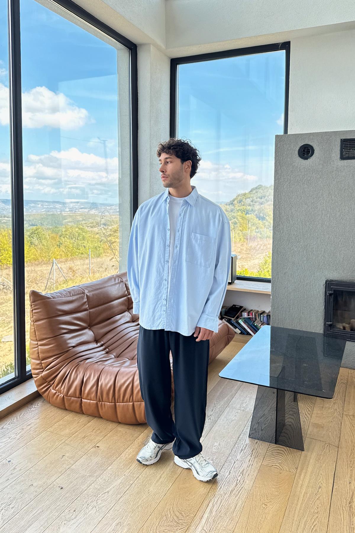 Ön Cep Detay Oversize Gömlek Mavi