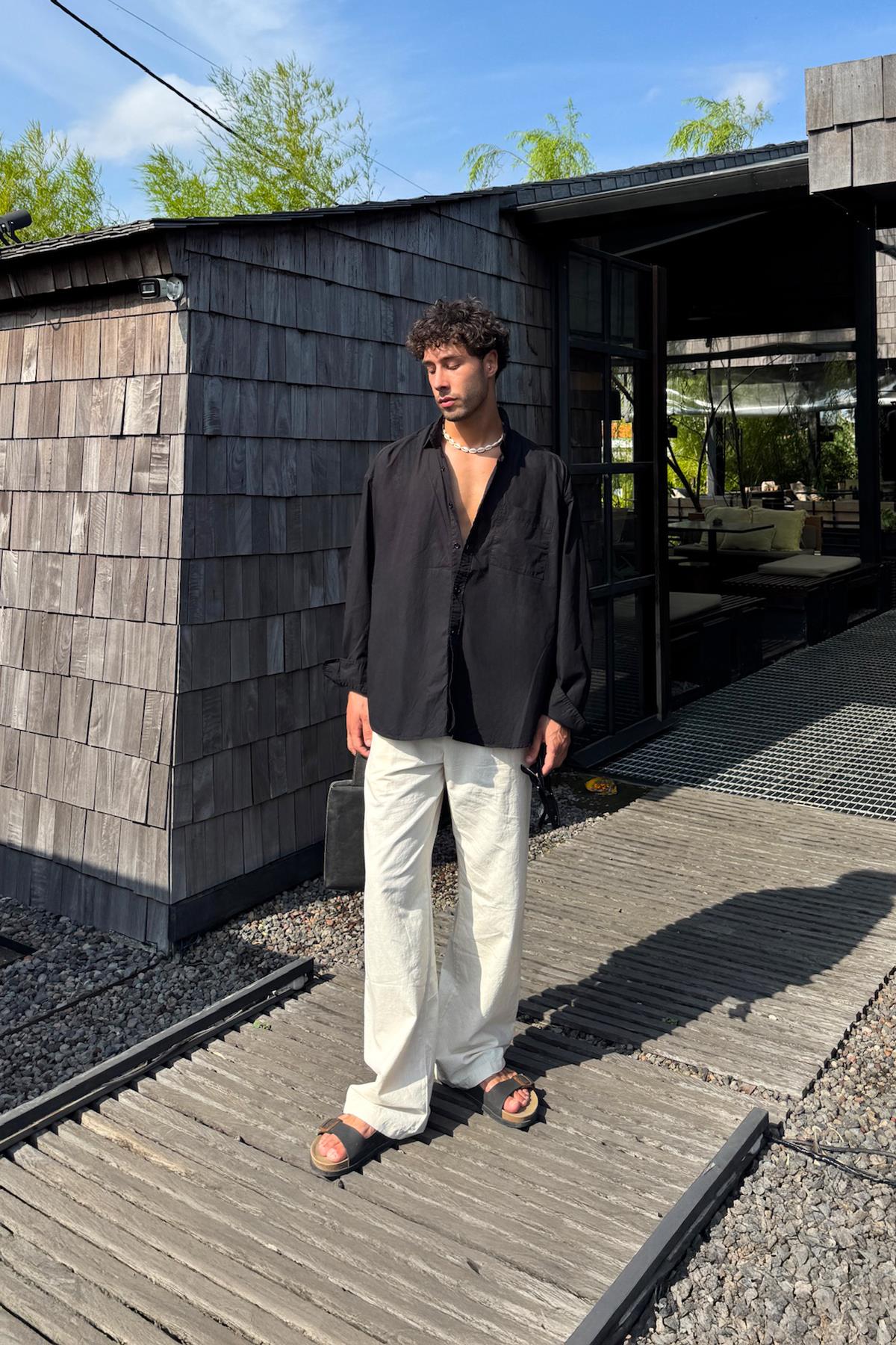 Ön Cepli Oversize Poplin Gömlek Siyah