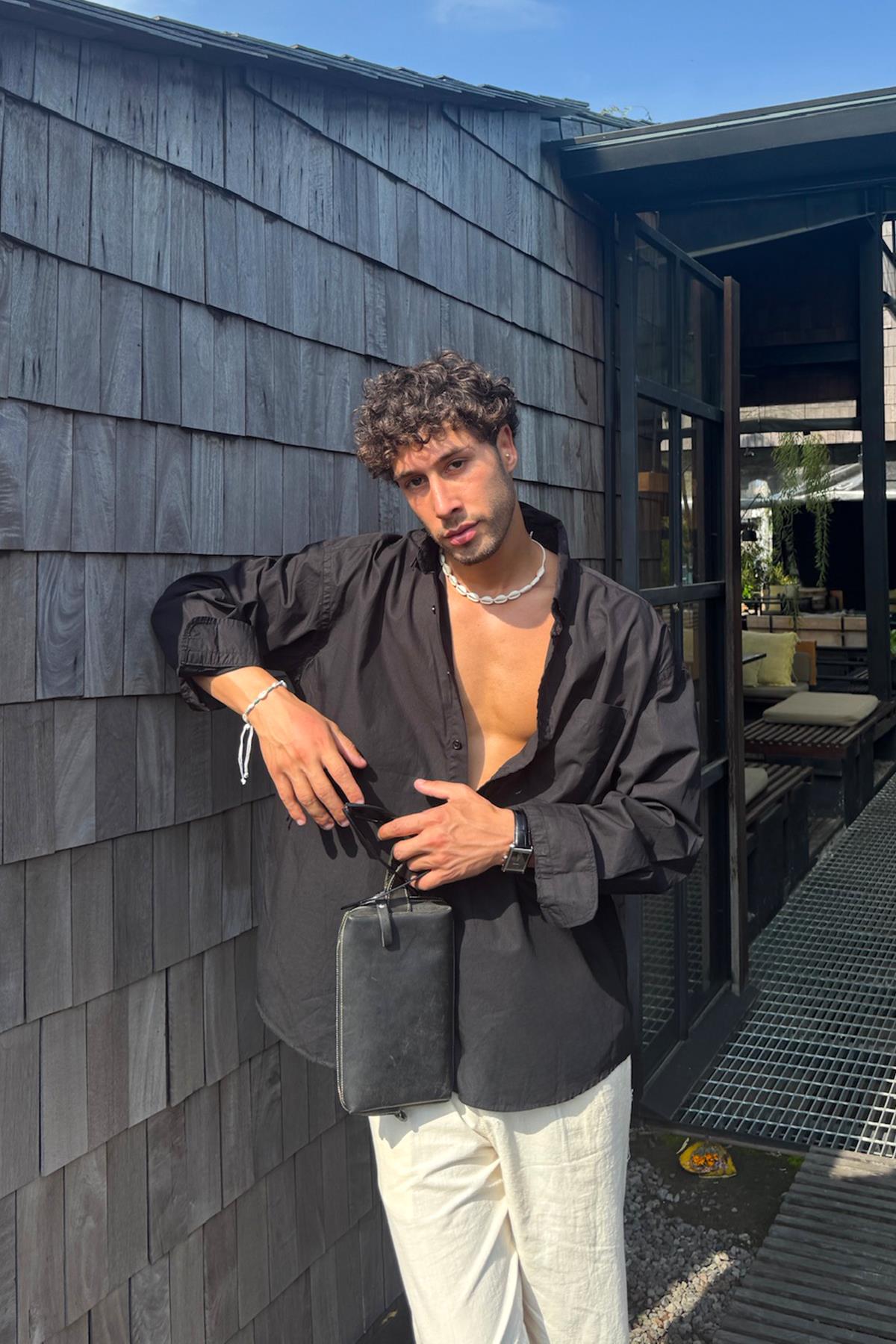 Ön Cepli Oversize Poplin Gömlek Siyah