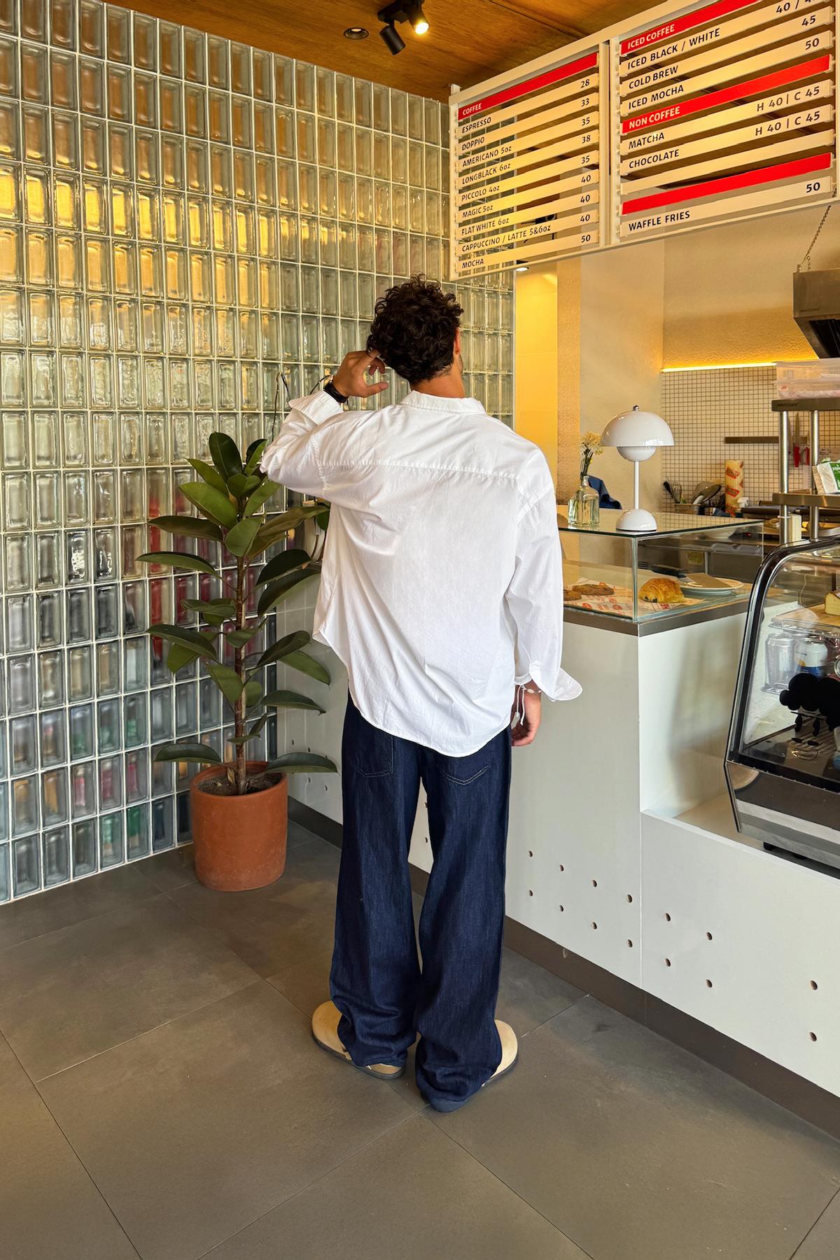 Ön Cepli Oversize Poplin Gömlek Beyaz