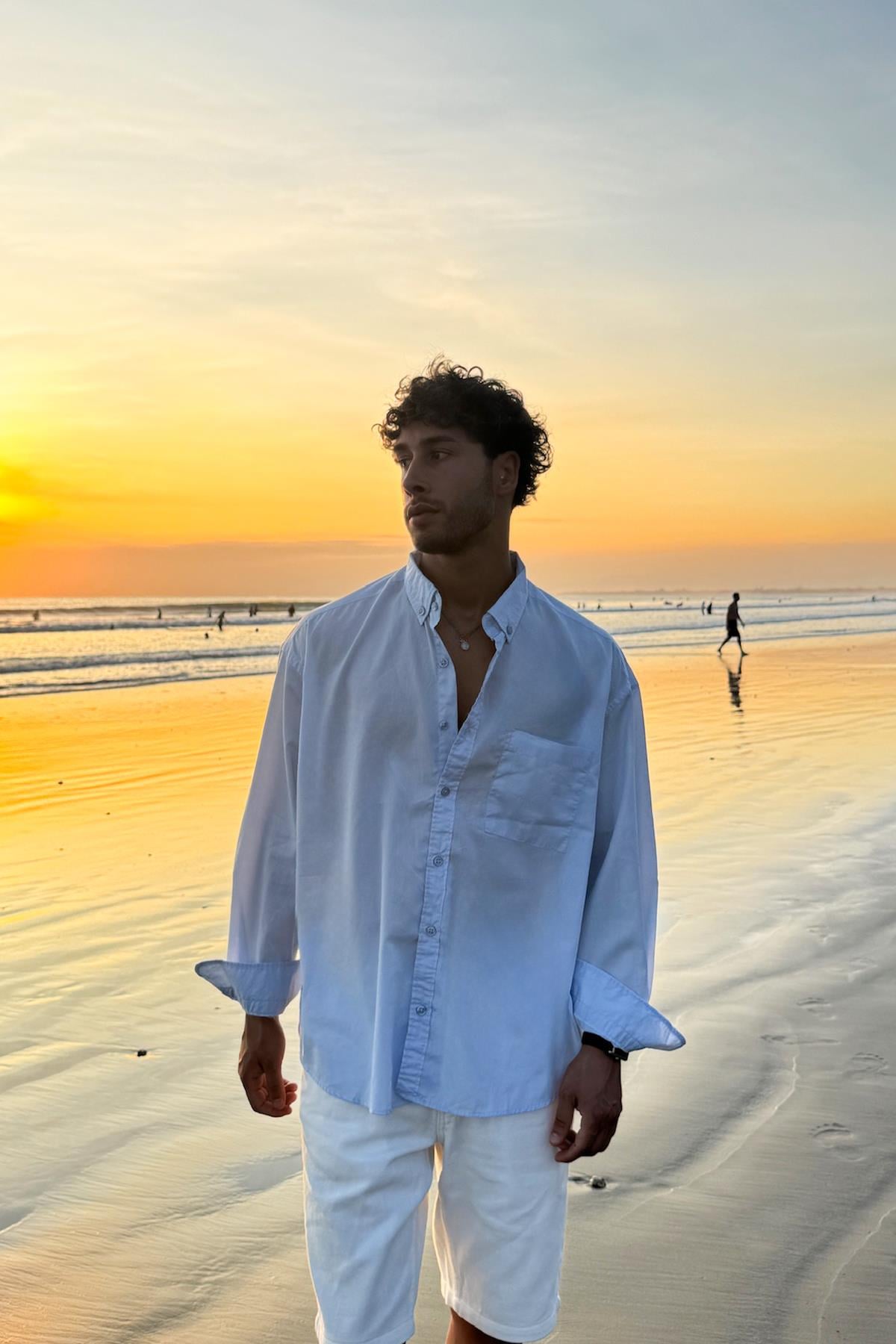 Ön Cepli Oversize Poplin Gömlek Mavi