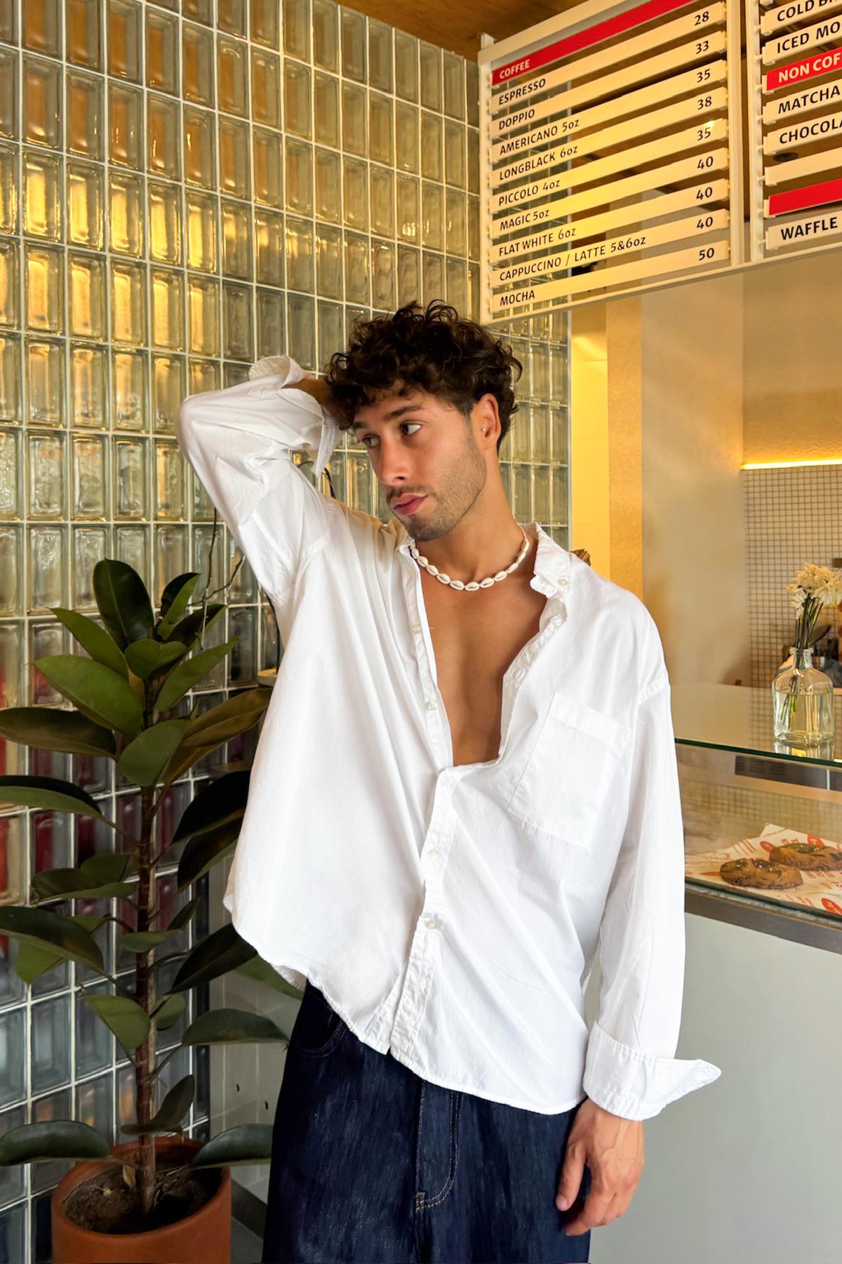 Ön Cepli Oversize Poplin Gömlek Beyaz