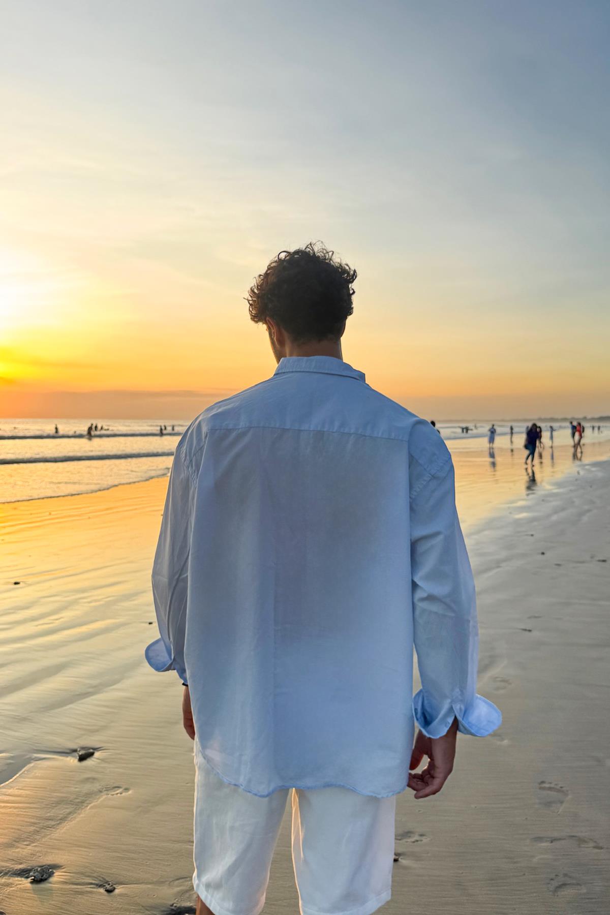 Ön Cepli Oversize Poplin Gömlek Mavi