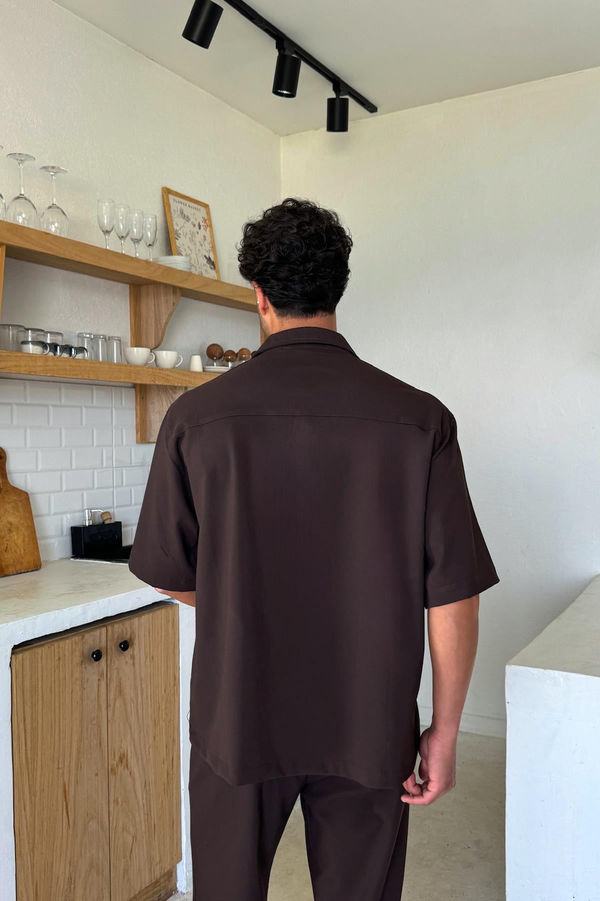 Ön Dikiş Detaylı Kumaş Takım Kahverengi