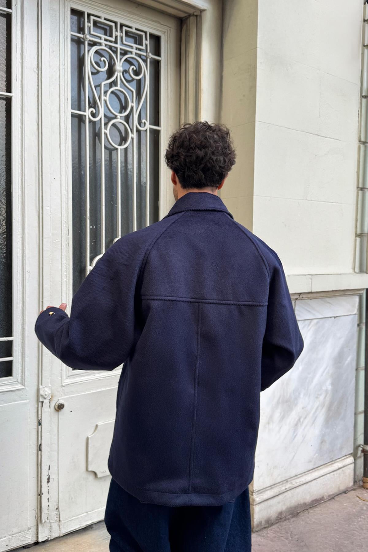 Ön Düğmeli Kadife Kaşe Ceket Lacivert