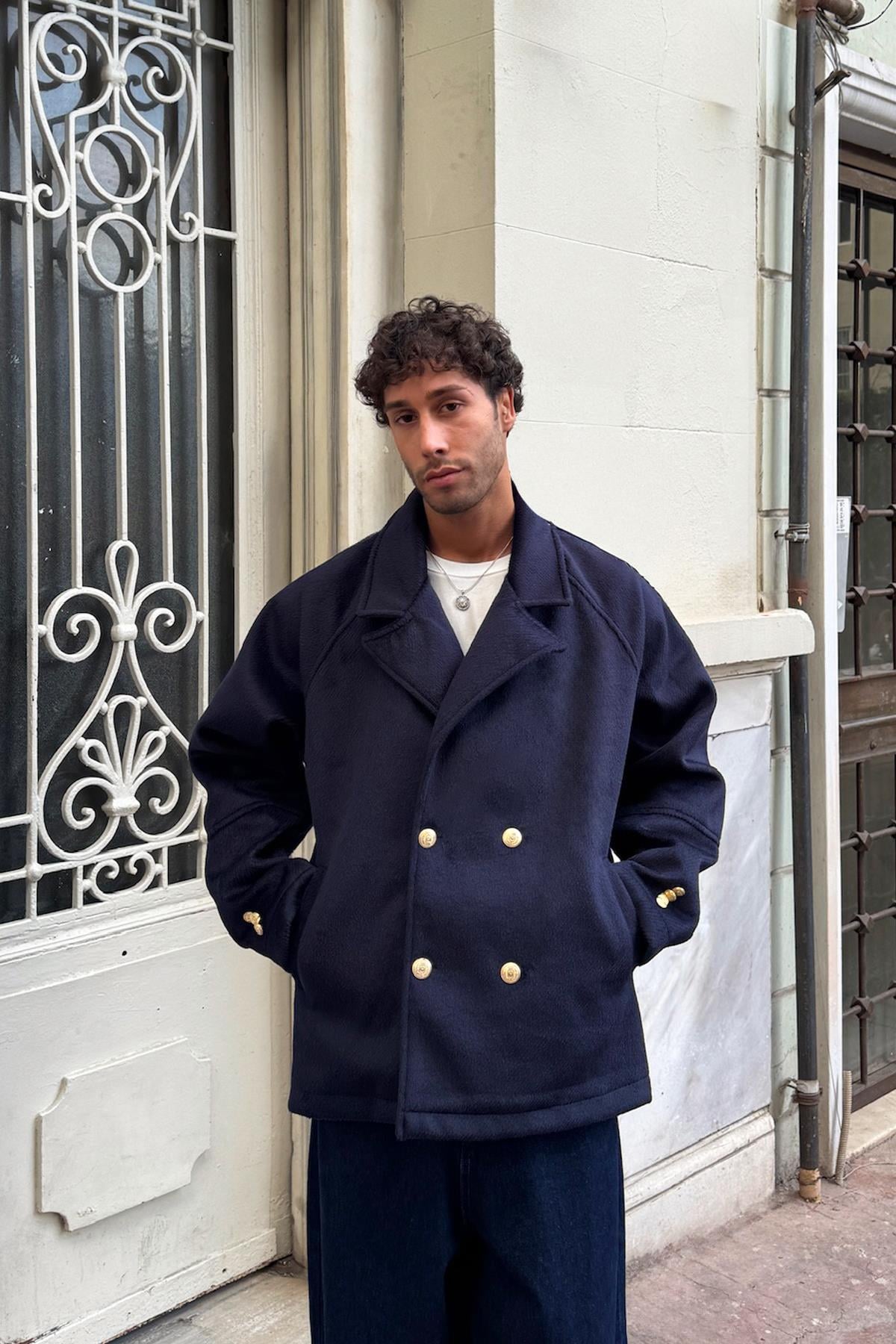 Ön Düğmeli Kadife Kaşe Ceket Lacivert