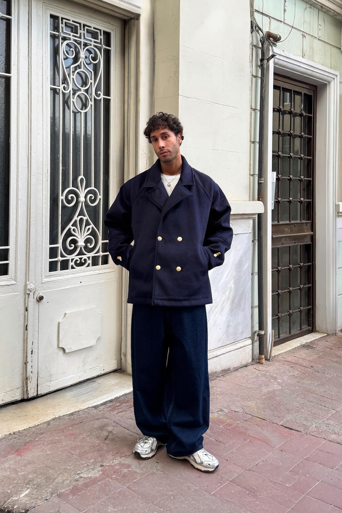 Ön Düğmeli Kadife Kaşe Ceket Lacivert