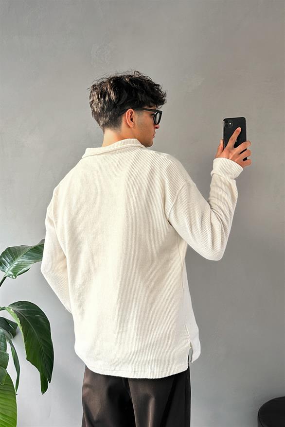 Ön Düğmeli Oversize Polo Yaka Bej Sweatshirt