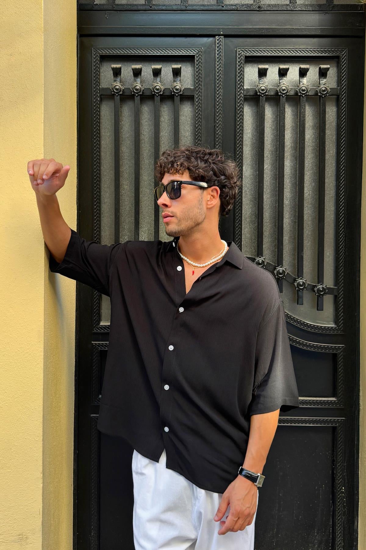 Oversize Kısa Kollu Gömlek Siyah