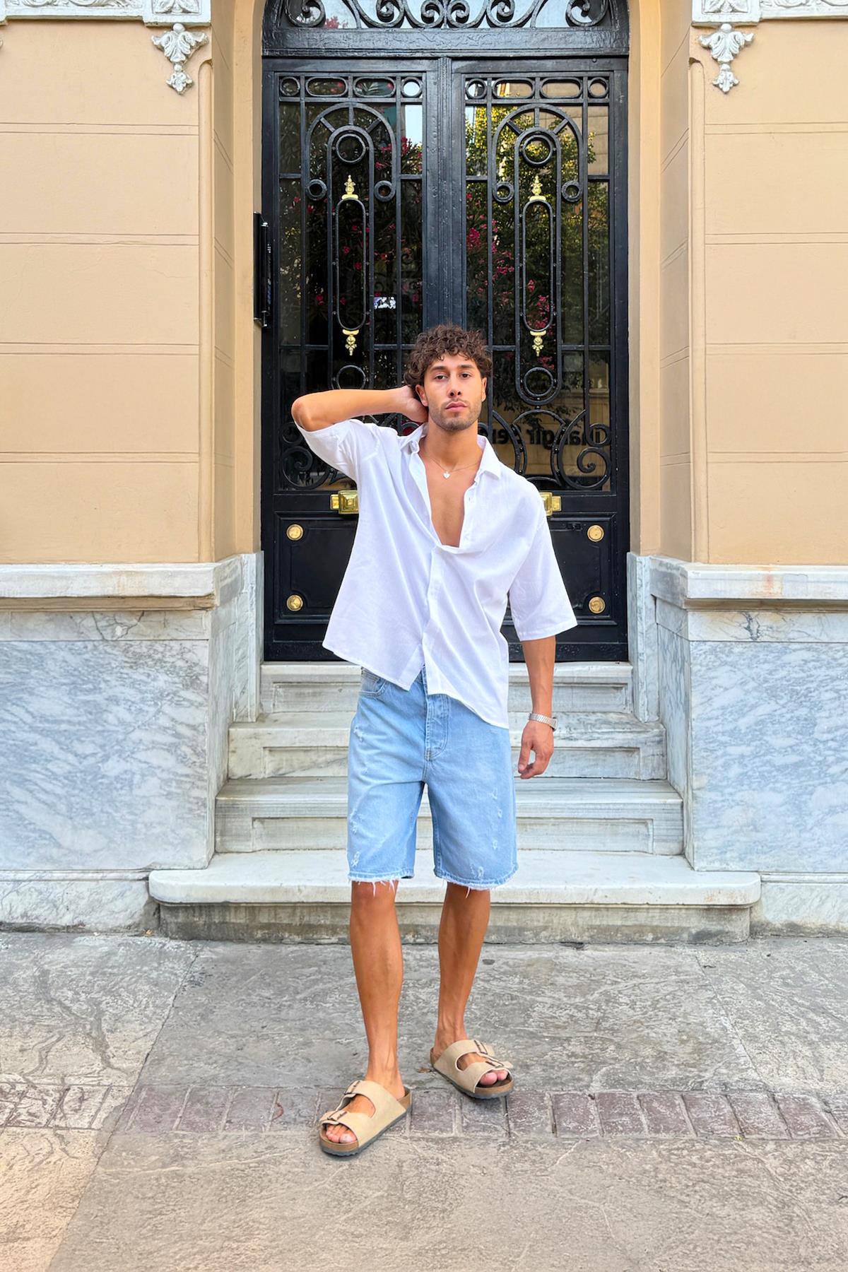 Oversize Beyaz Kısa Kollu Gömlek Beyaz