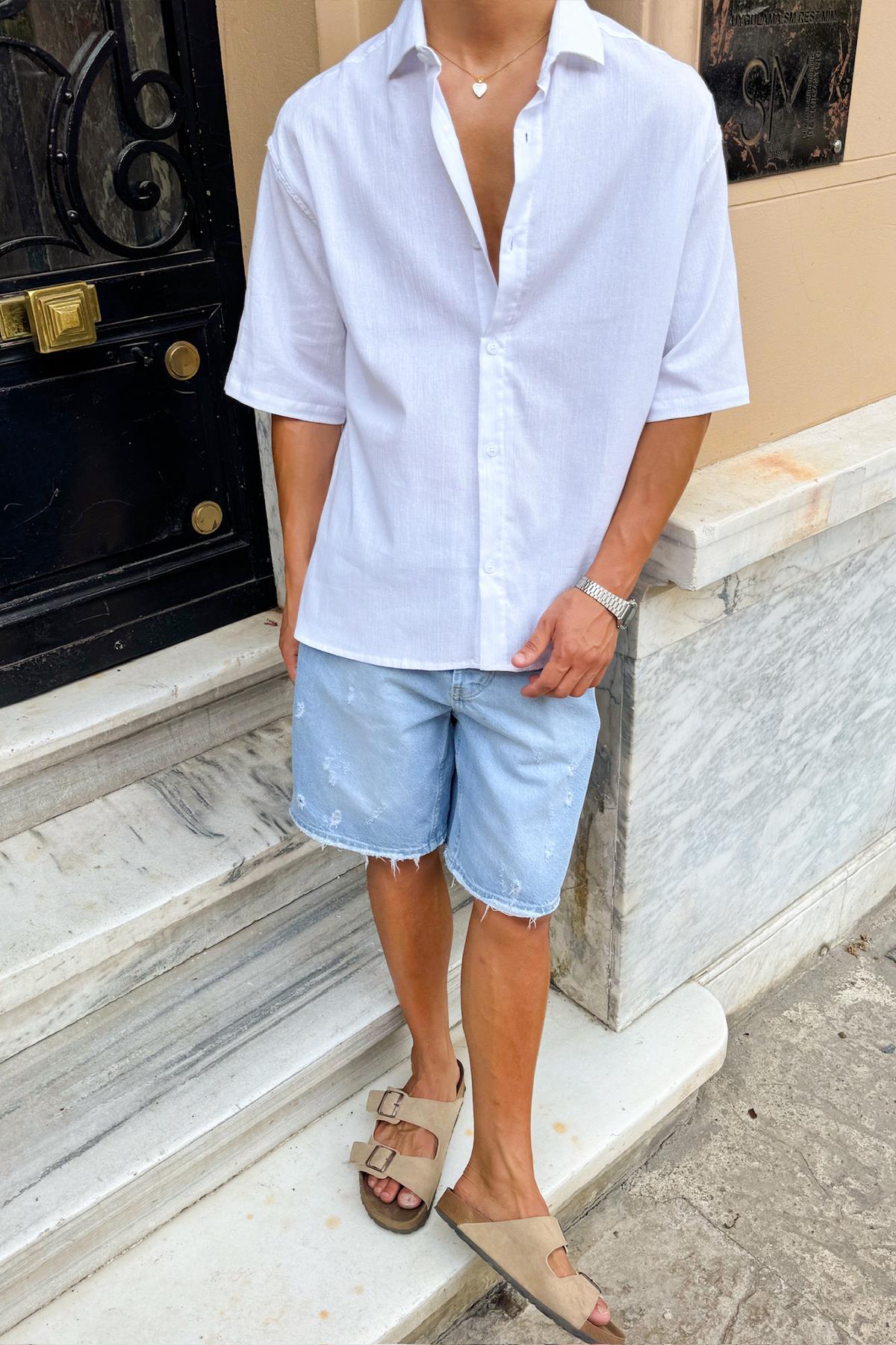 Oversize Beyaz Kısa Kollu Gömlek Beyaz