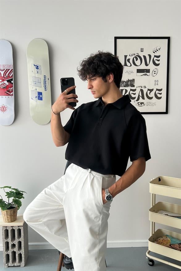 Oversize Siyah Polo Yaka Tişört