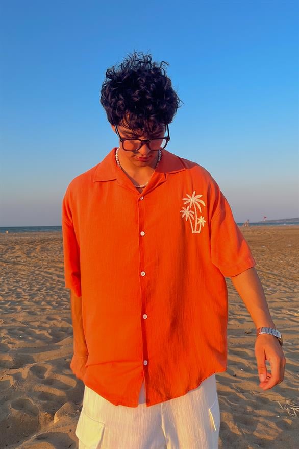 Palm Nakışlı Keten Turuncu Kısa Kol Oversize Gömlek