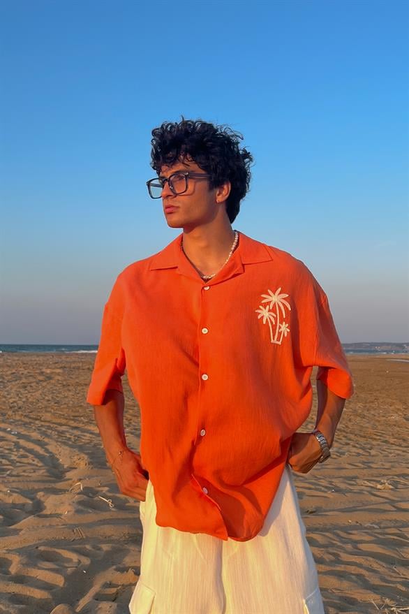Palm Nakışlı Keten Turuncu Kısa Kol Oversize Gömlek