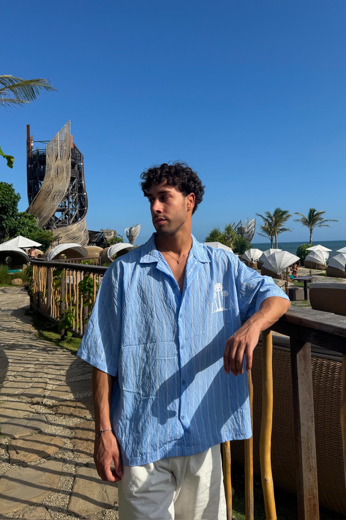 Palmiye Baskılı Çizgili Kısa Kol Gömlek Mavi