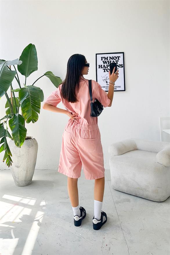 Piggie Denim Şort Tulum Toz Pembe
