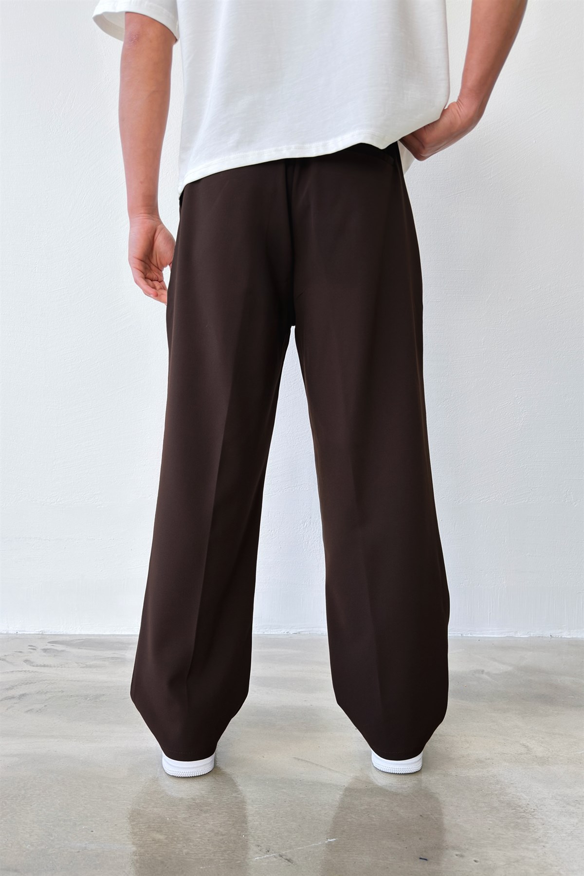 Pileli Baggy Fit Kumaş Kahverengi Pantolon