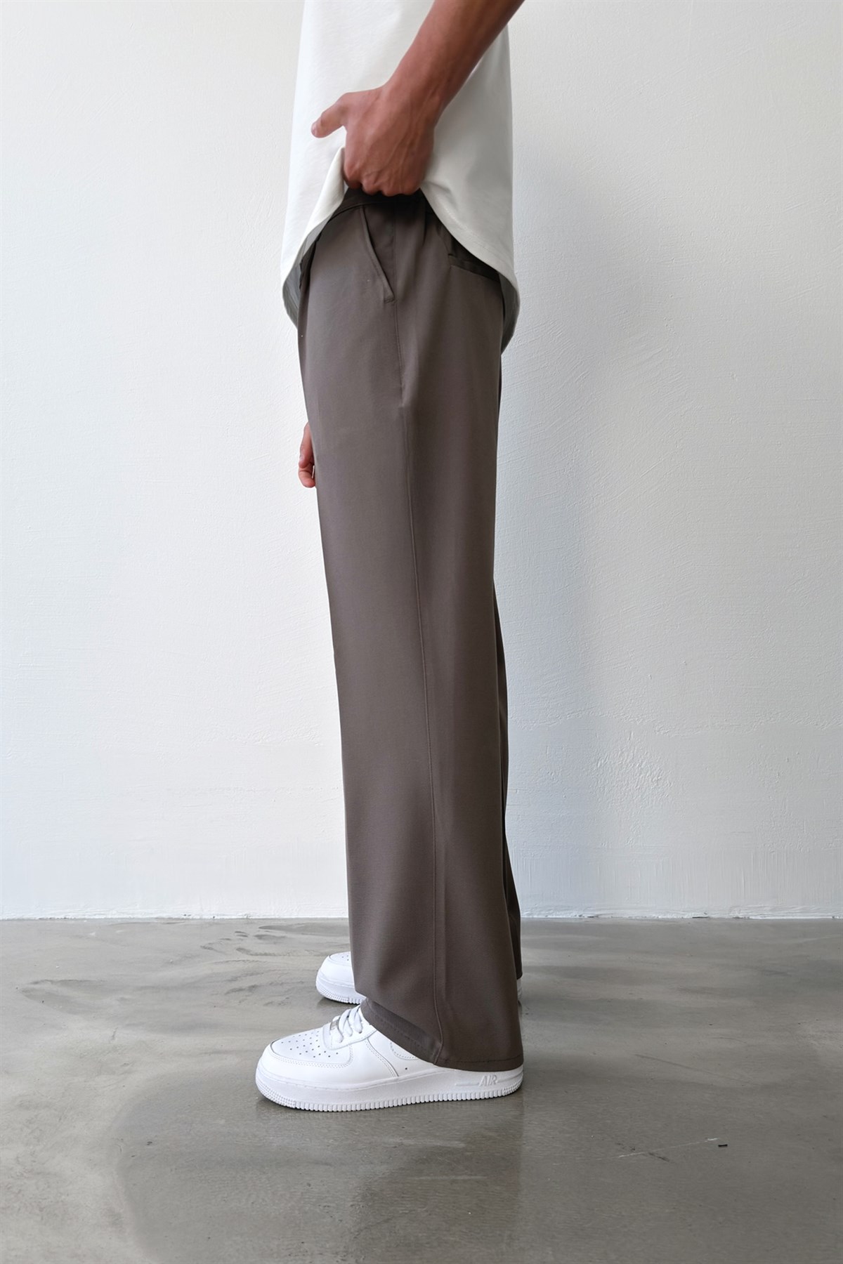 Pileli Baggy Fit Kumaş Füme Pantolon