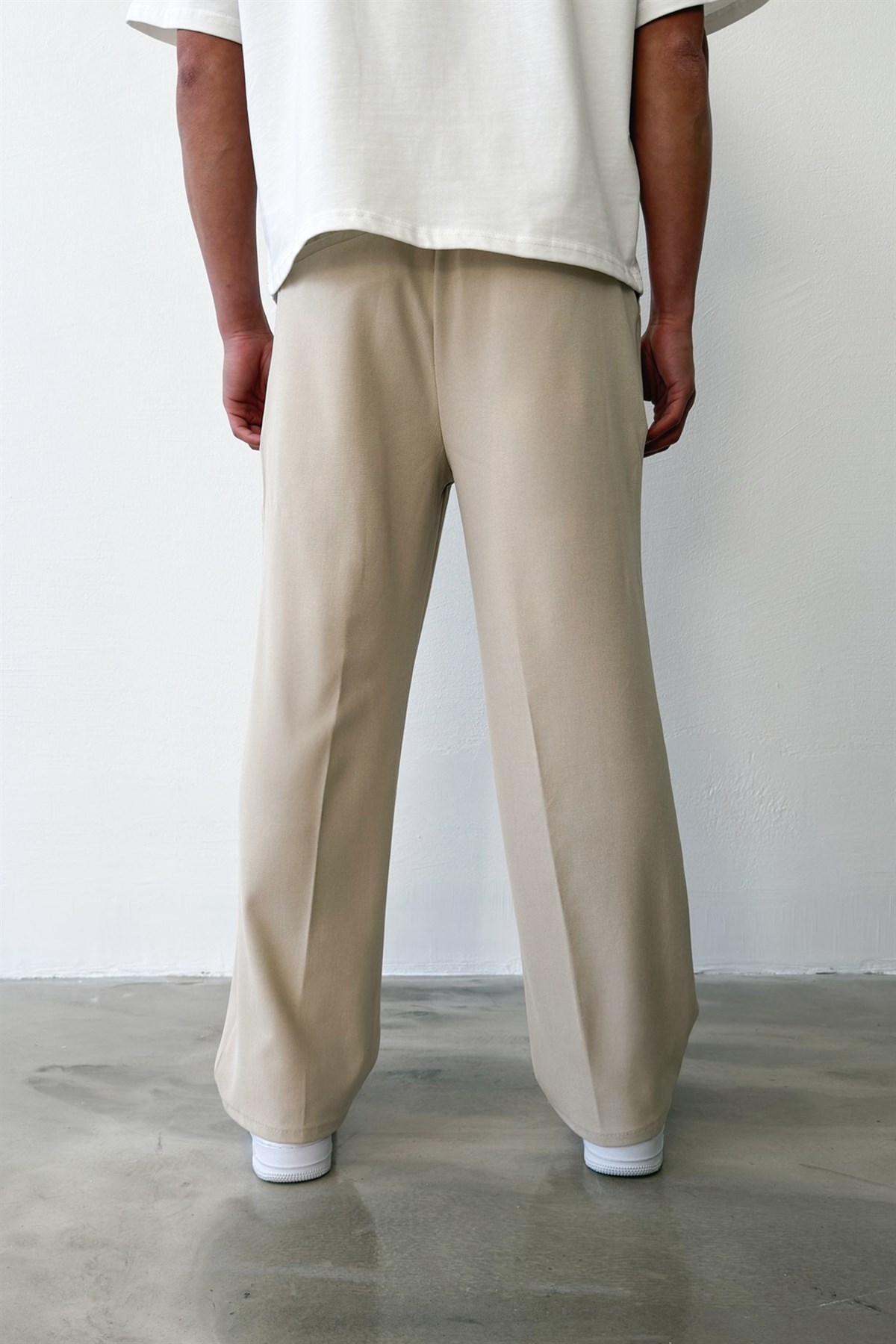 Pileli Baggy Fit Kumaş Bej Pantolon
