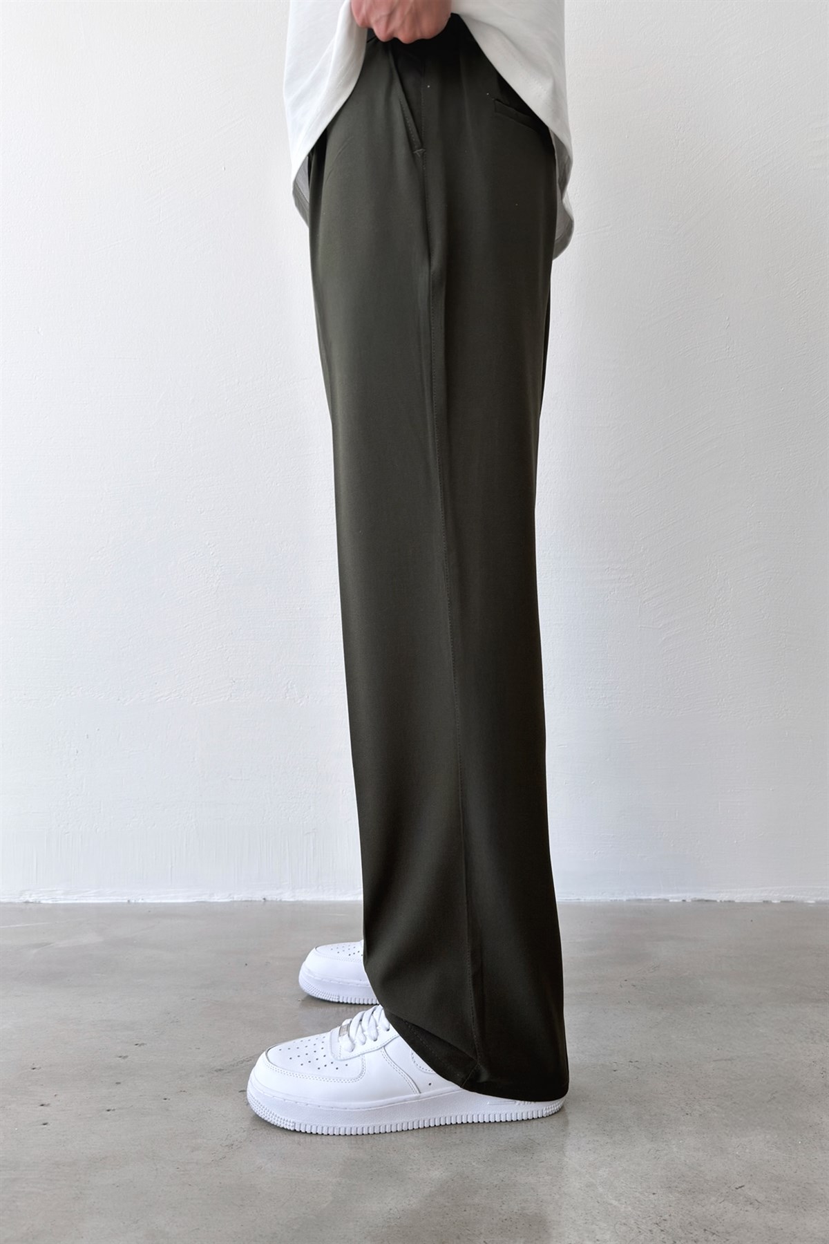 Pileli Baggy Fit Kumaş Yeşil Pantolon