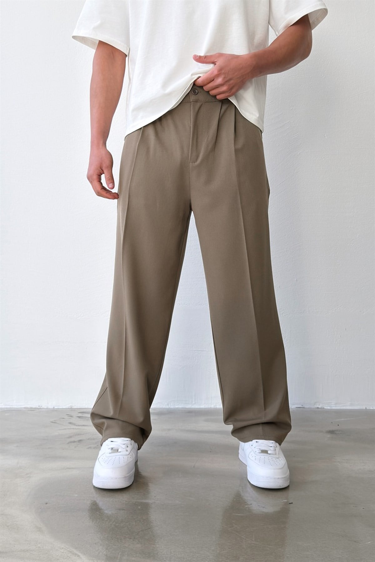 Pileli Baggy Fit Kumaş Haki Pantolon