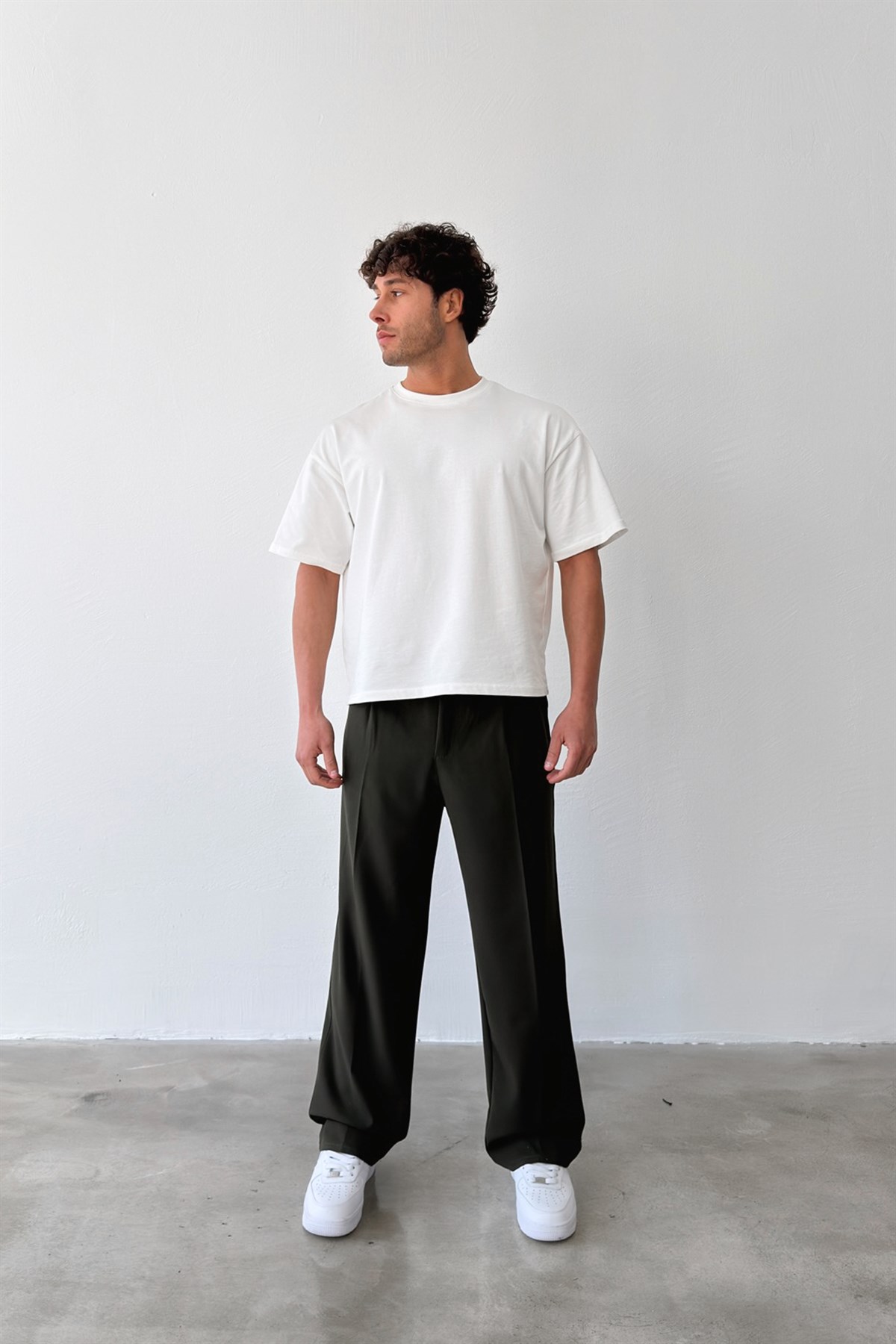 Pileli Baggy Fit Kumaş Yeşil Pantolon