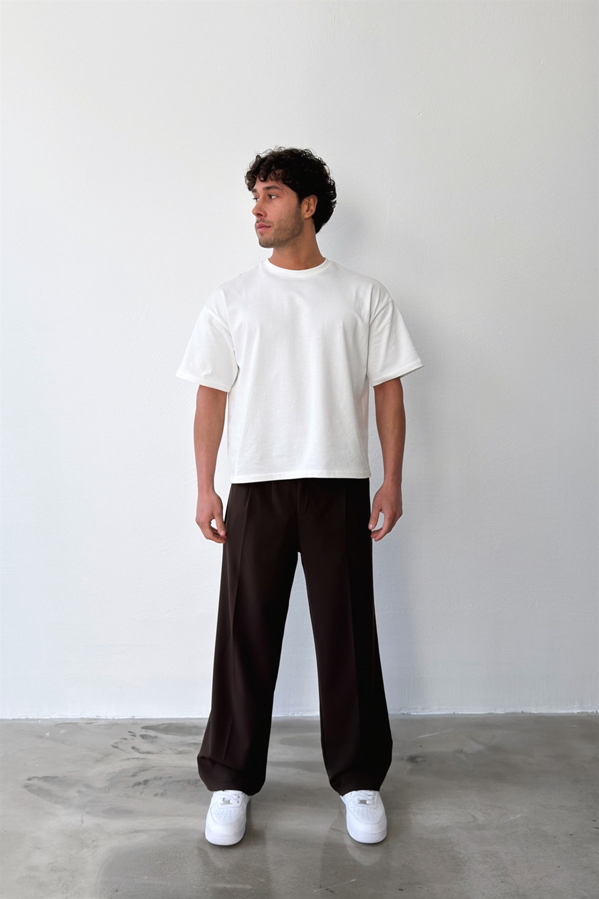 Pileli Baggy Fit Kumaş Kahverengi Pantolon