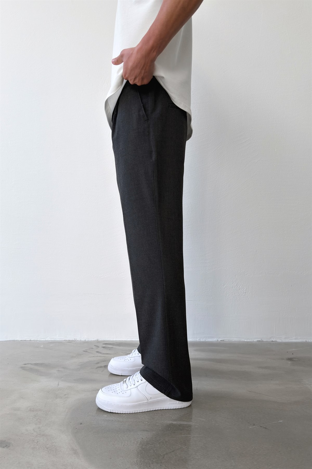 Pileli Baggy Fit Kumaş Antrasit Pantolon
