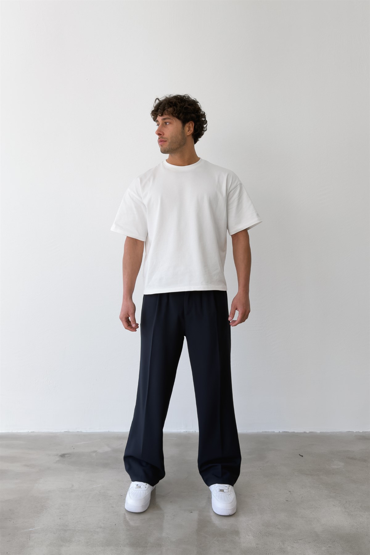 Pileli Baggy Fit Kumaş Lacivert Pantolon