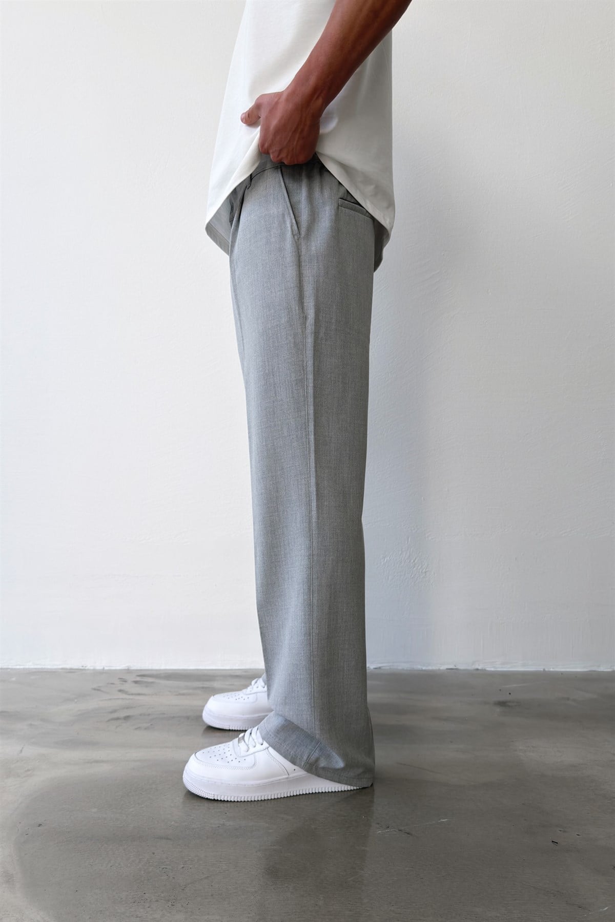 Pileli Baggy Fit Kumaş Gri Pantolon