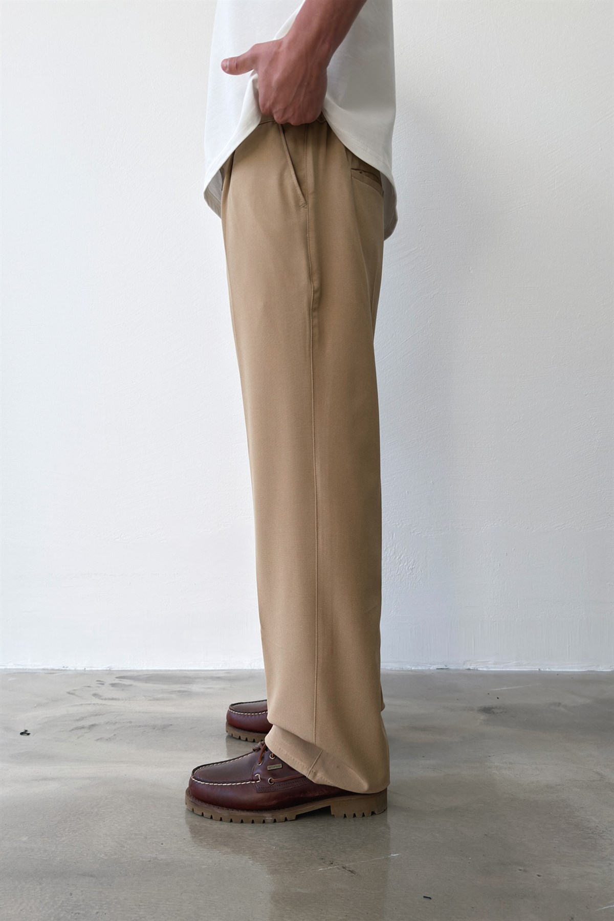 Pileli Baggy Fit Kumaş Vizon Pantolon