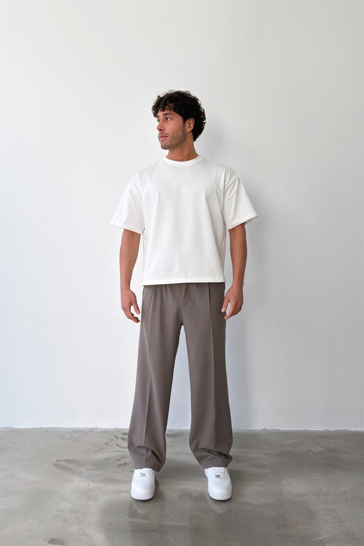 Pileli Baggy Fit Kumaş Füme Pantolon